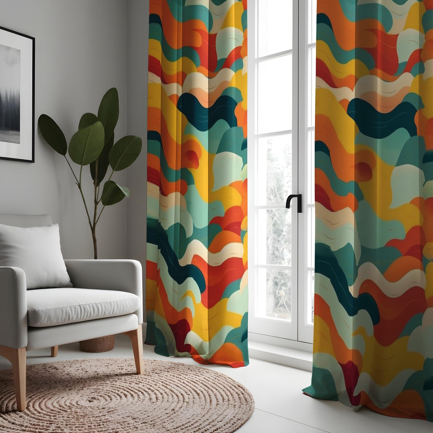 Colorful Abstract Wave Curtain, Bold Orange, Yellow, Blue & Green