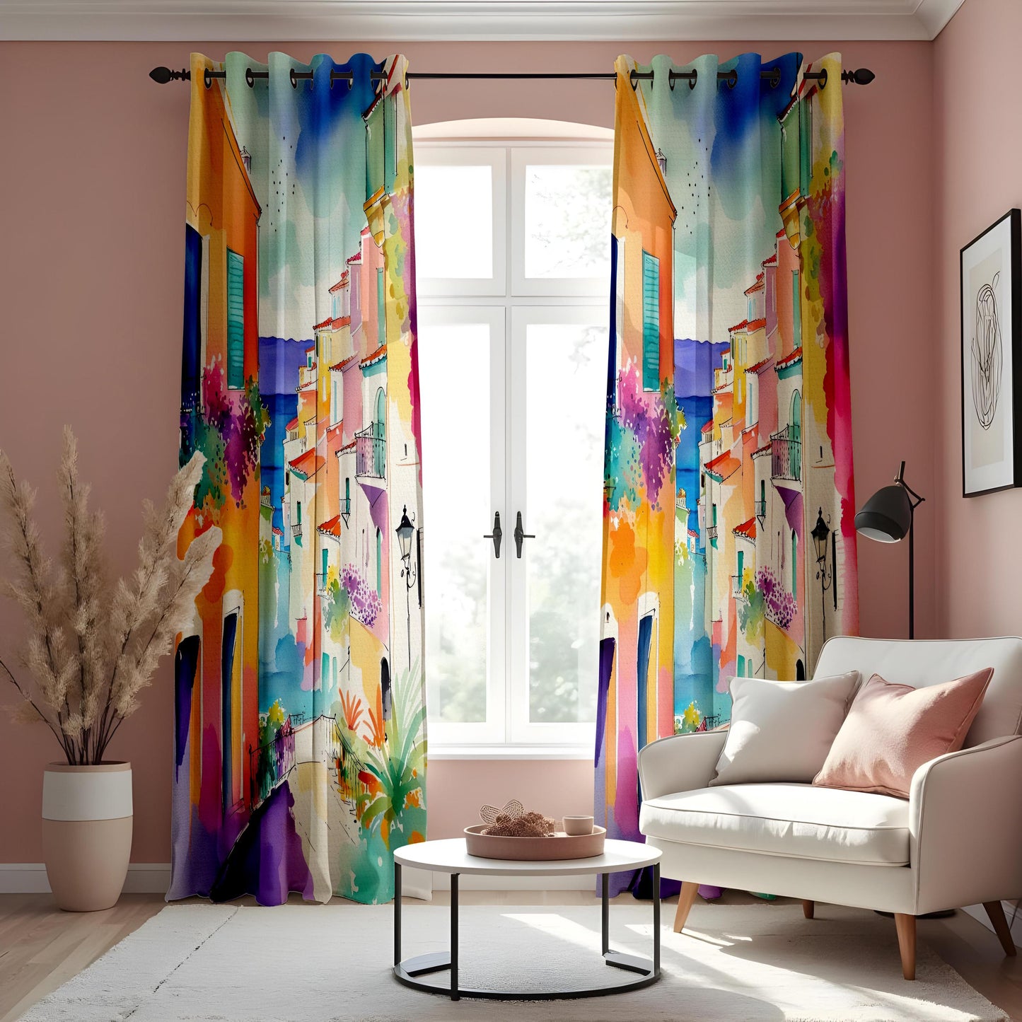 Vibrant Coastal Village Watercolor Curtains, Colorful Italian Town