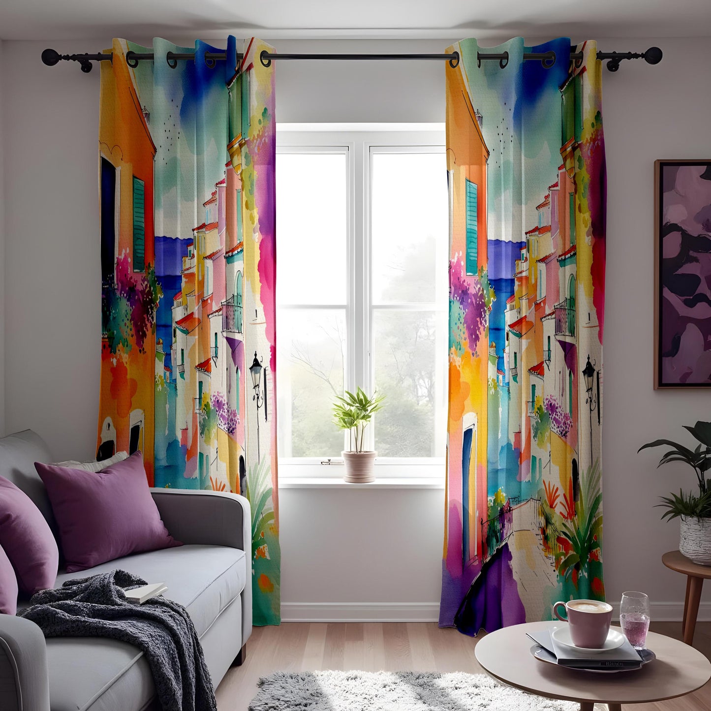 Vibrant Coastal Village Watercolor Curtains, Colorful Italian Town