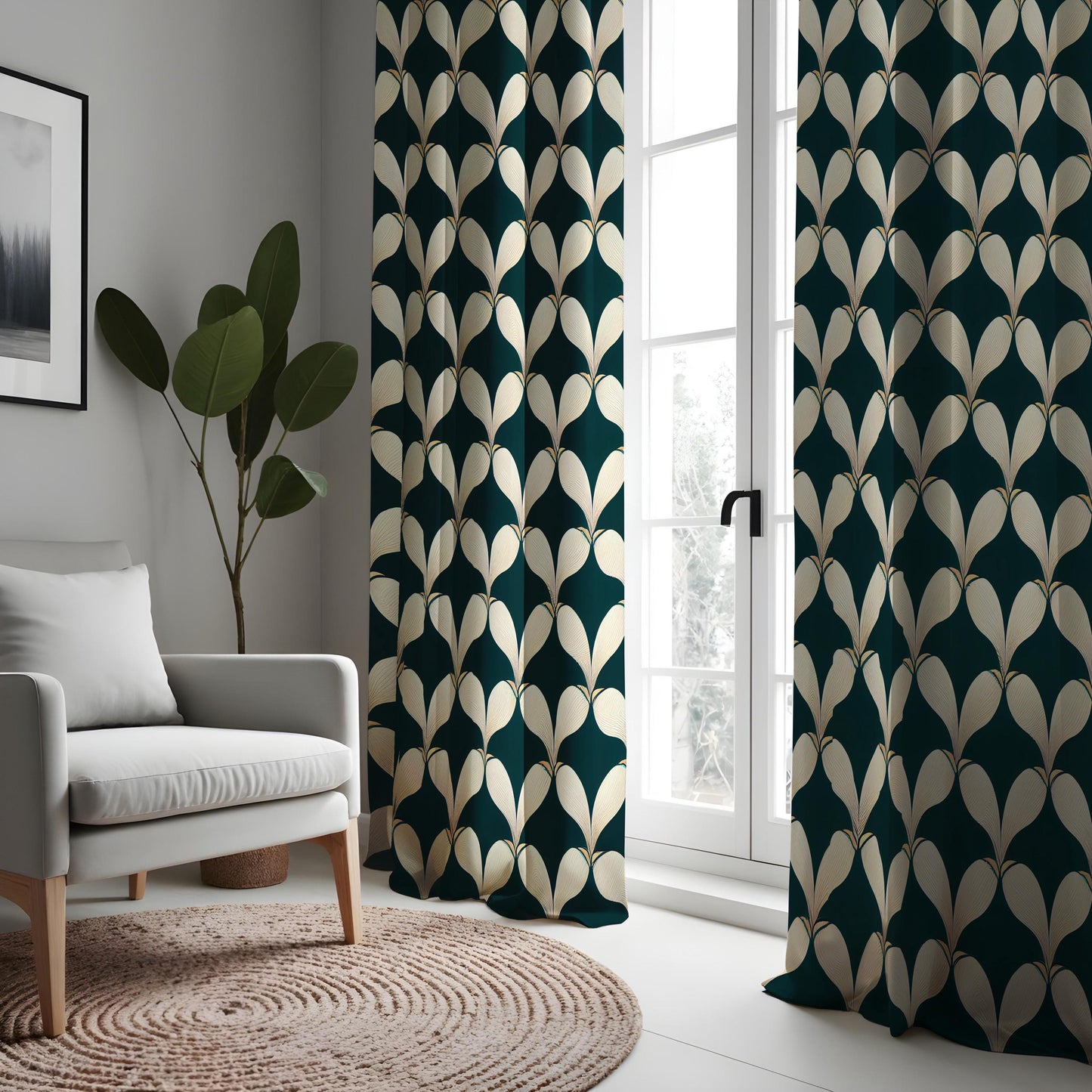 Leaf Pattern Curtains, Geometric Window Drapes, Modern Home Decor