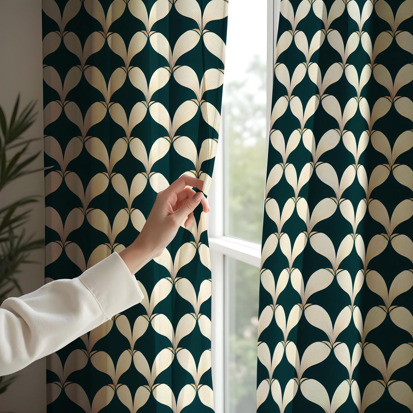 Leaf Pattern Curtains, Geometric Window Drapes, Modern Home Decor