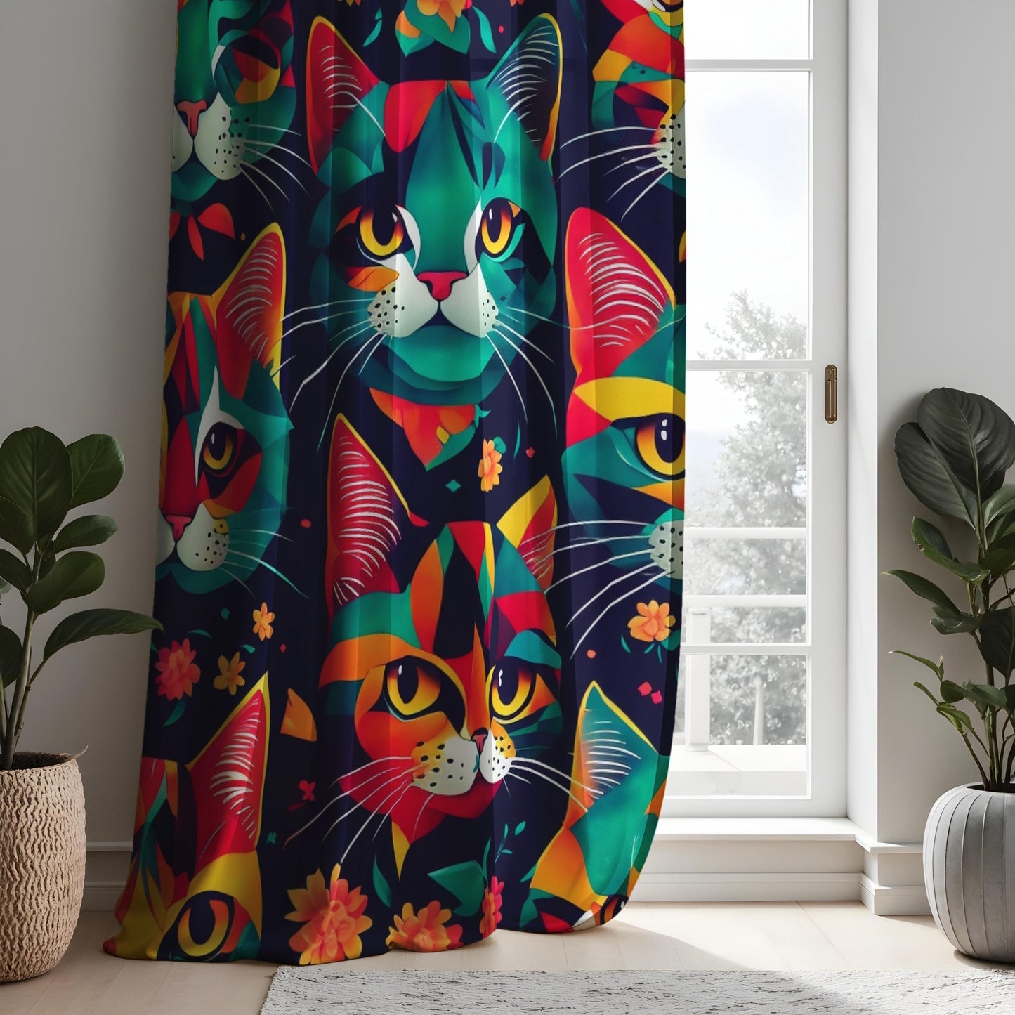 Colorful Cat Curtains, Modern Art Cat Drapes