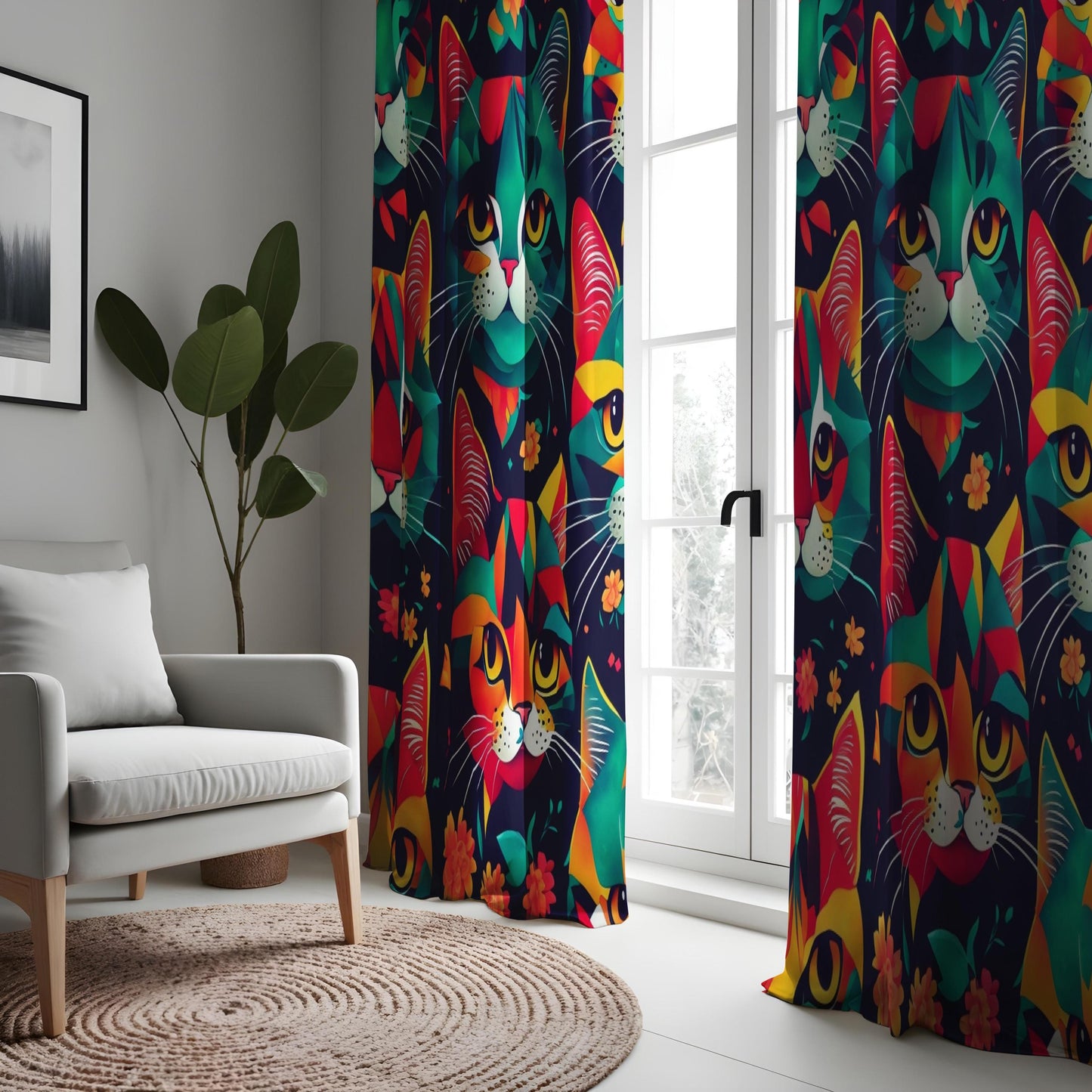 Colorful Cat Curtains, Modern Art Cat Drapes
