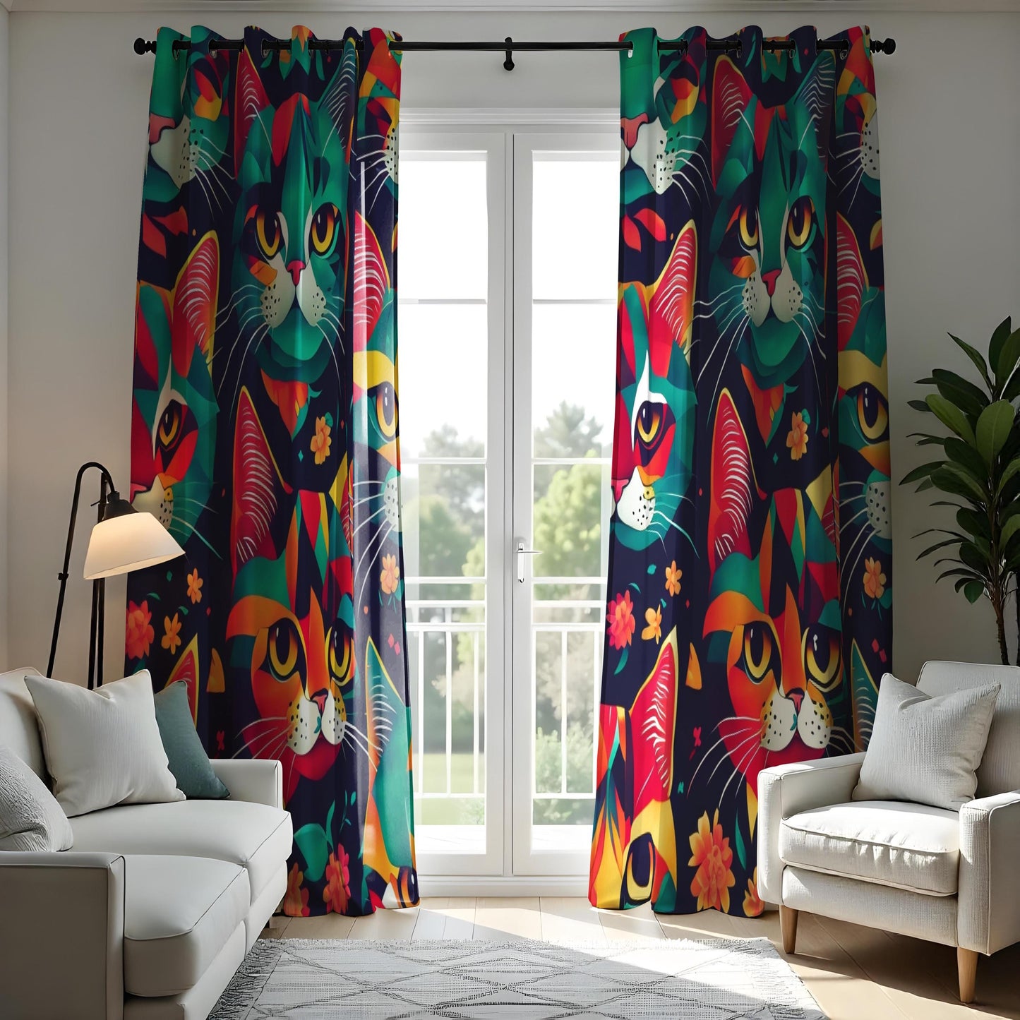 Colorful Cat Curtains, Modern Art Cat Drapes