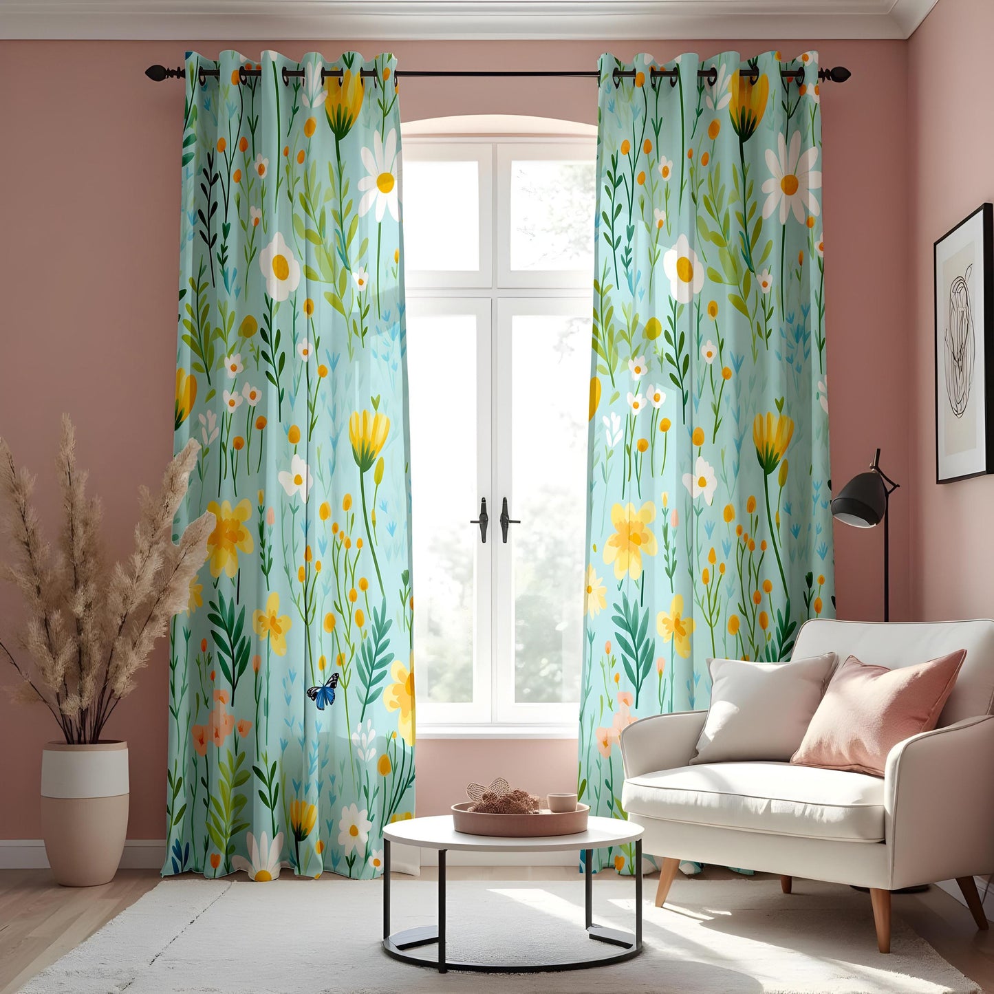 Bright Floral Curtains, Daisy & Butterfly Print Drapes