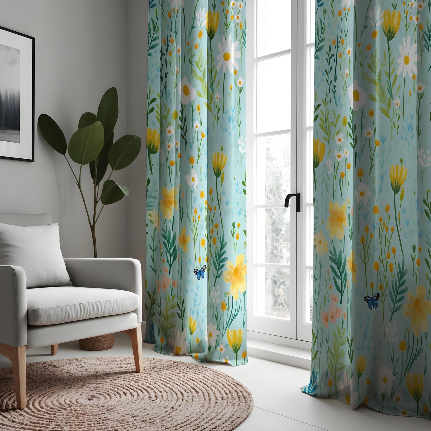 Bright Floral Curtains, Daisy & Butterfly Print Drapes