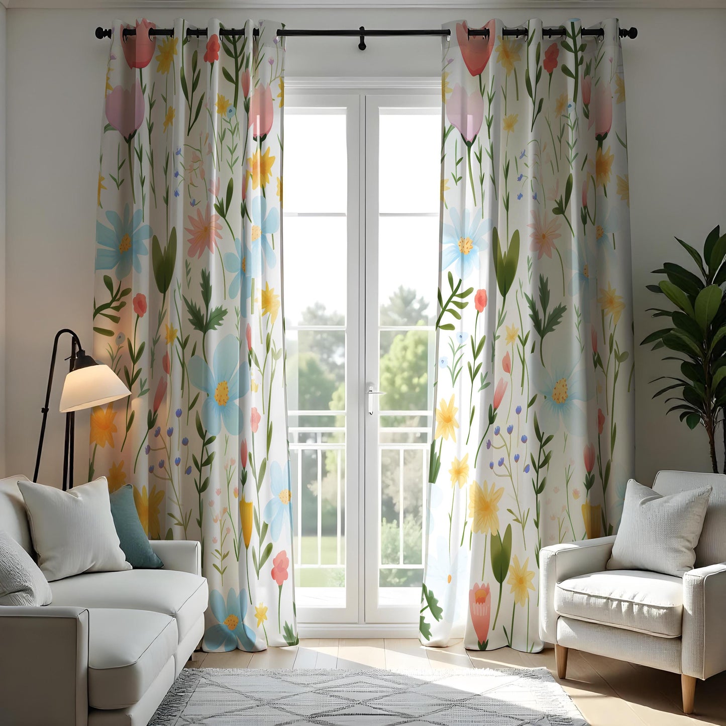 Bright Floral Pattern Curtain, Colorful Flowers Drape Green Leaves