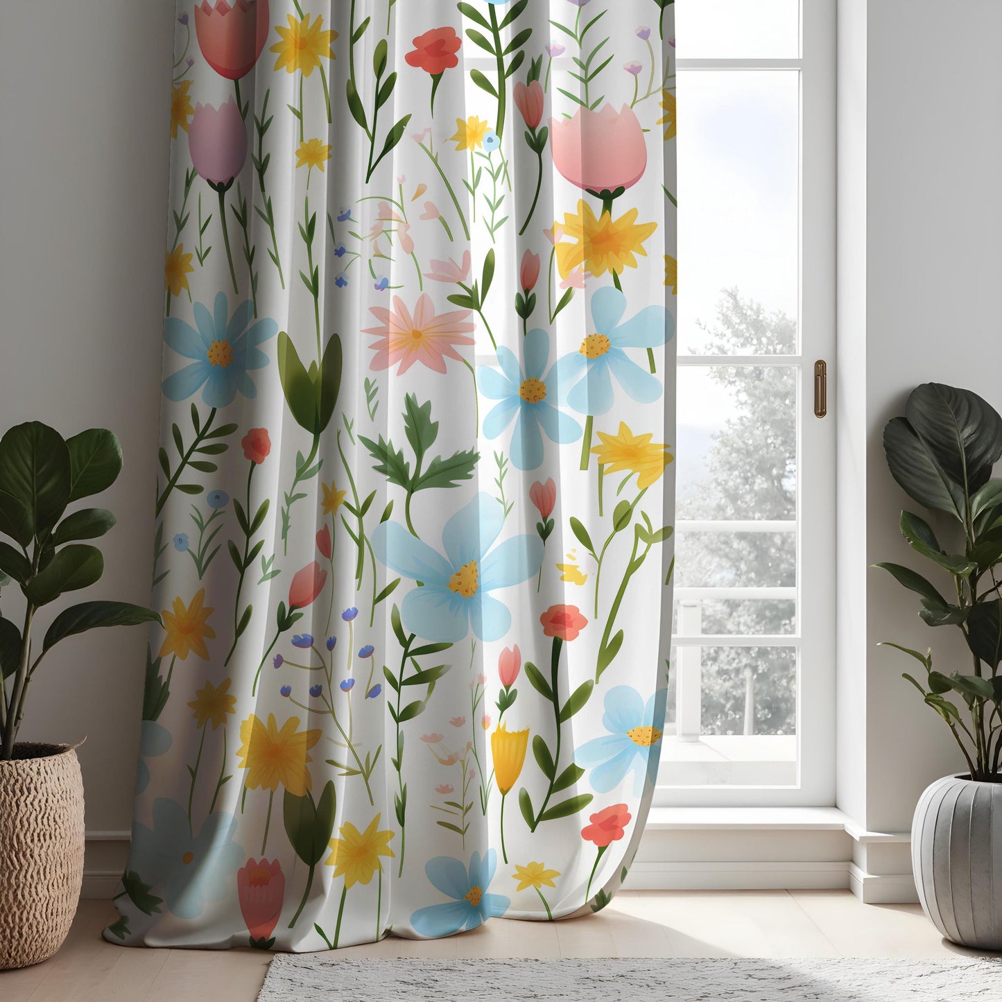 Bright Floral Pattern Curtain, Colorful Flowers Drape Green Leaves