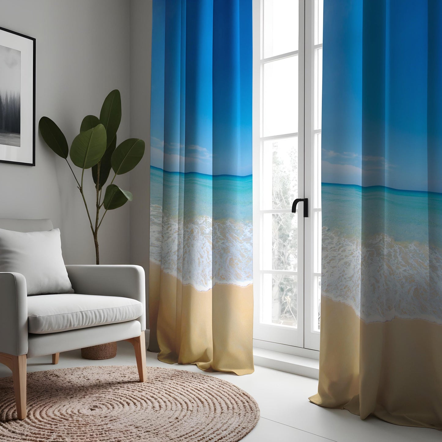 Beach Ocean Scene Curtains, Serene Seaside Window Drapes