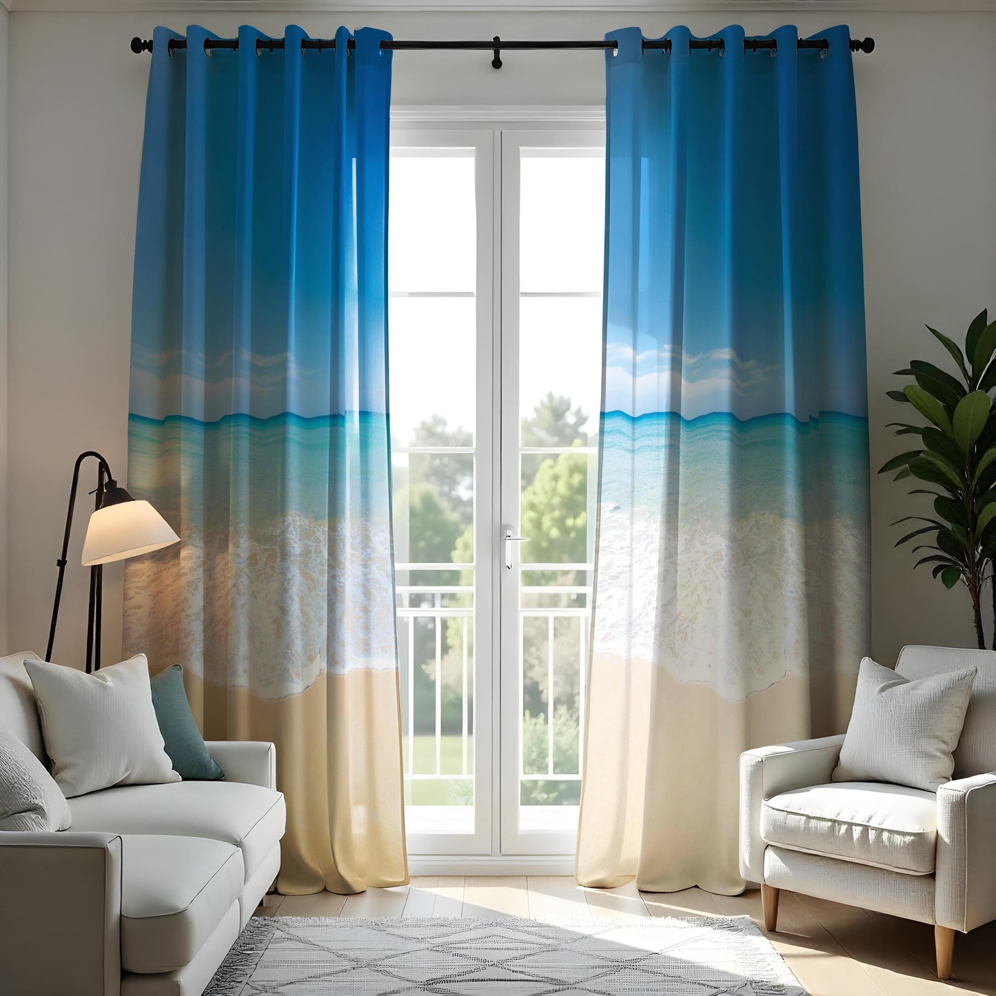 Beach Ocean Scene Curtains, Serene Seaside Window Drapes