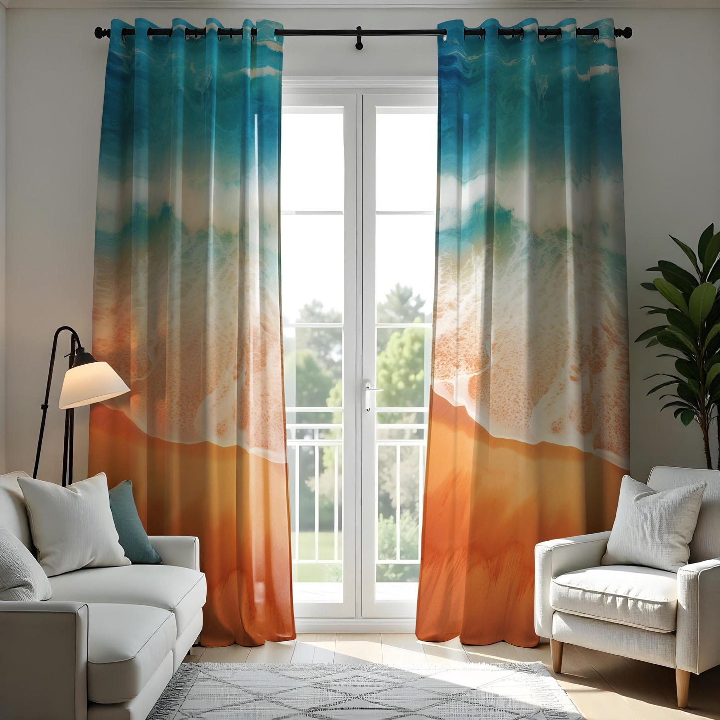 Beach Ocean Scene Curtains, Blue Wave & Sandy Shore Window Drapes