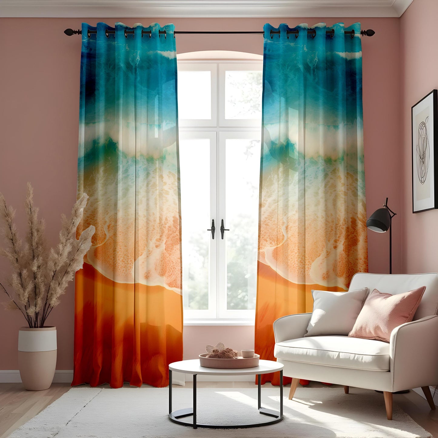 Beach Ocean Scene Curtains, Blue Wave & Sandy Shore Window Drapes