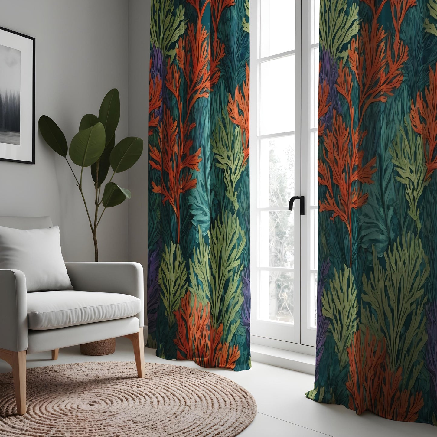 Tropical Leaves & Coral Pattern Curtains, Bold Botanical Drapes