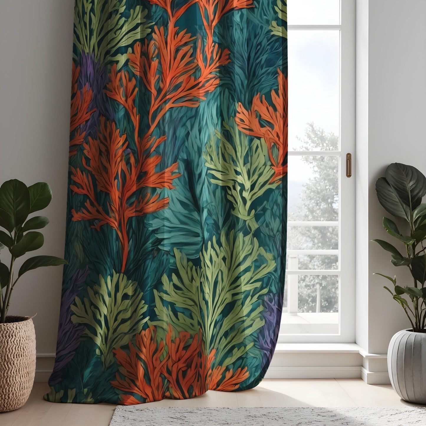 Tropical Leaves & Coral Pattern Curtains, Bold Botanical Drapes