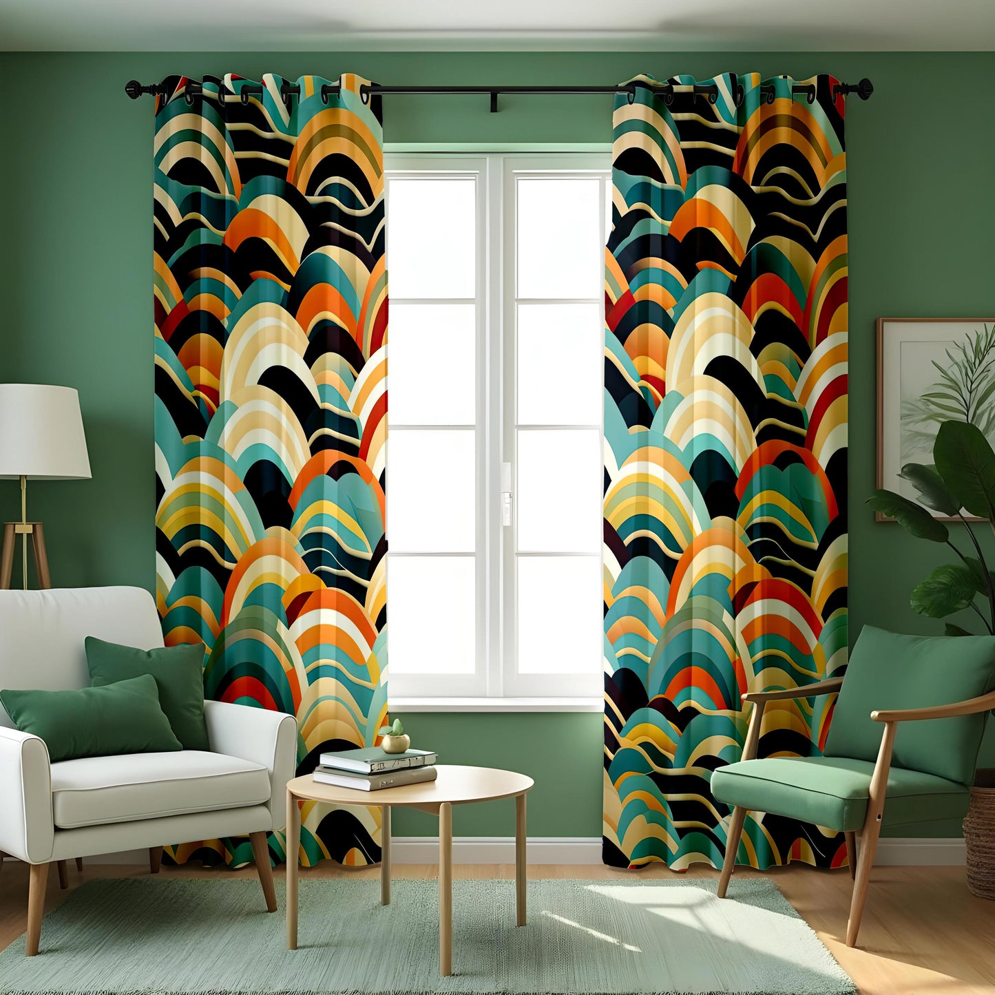 Abstract Wave Pattern Curtains, Bold Colorful Drapes in Blue