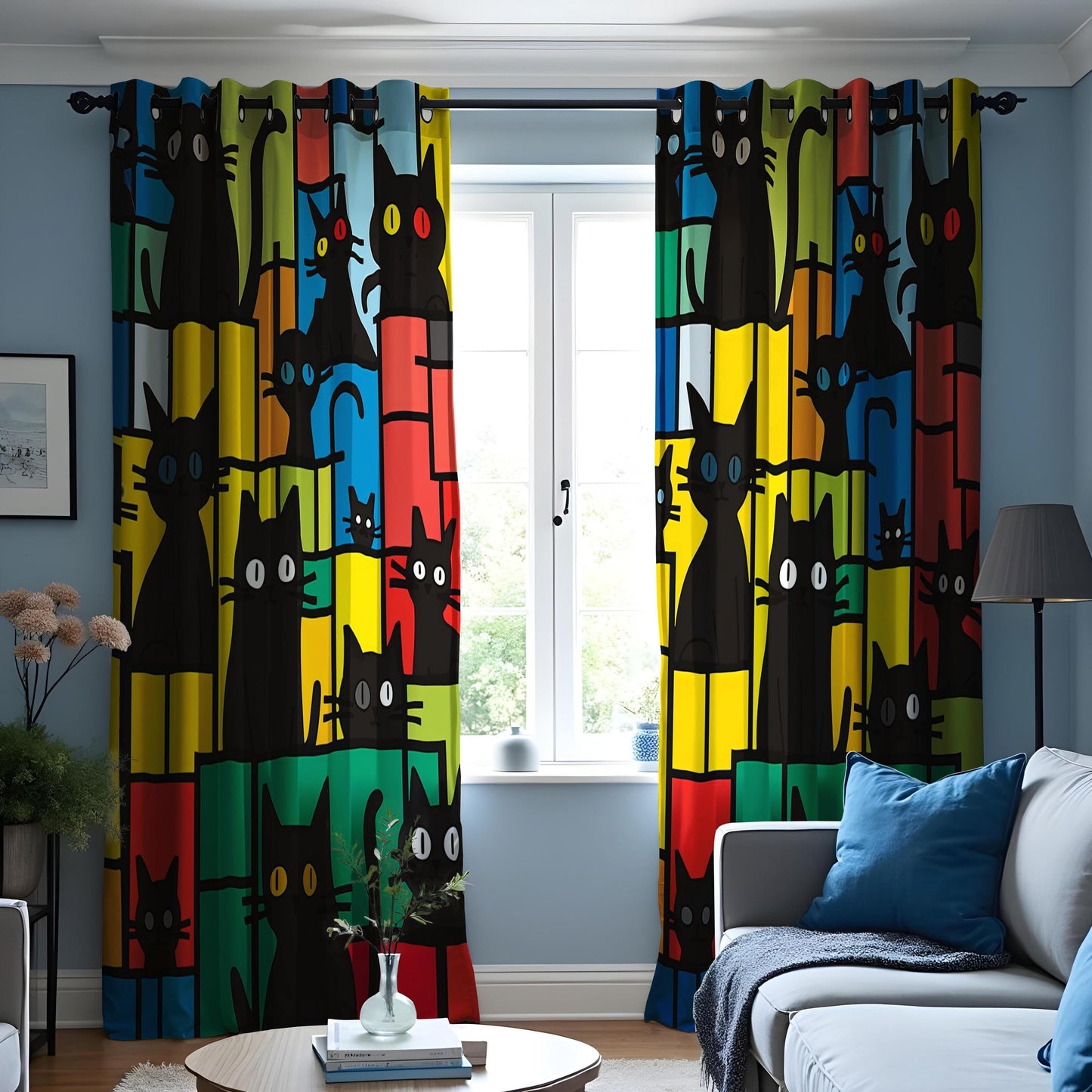 Colorful Cat Pattern Curtain, Bold Black Cats Drape