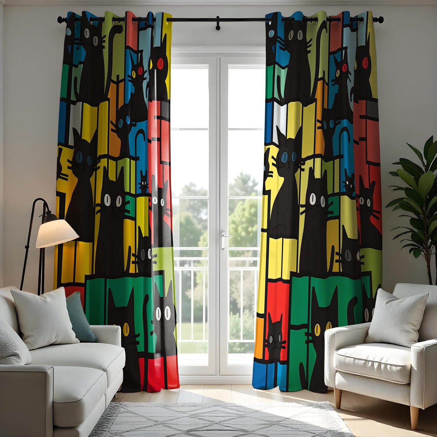 Colorful Cat Pattern Curtain, Bold Black Cats Drape