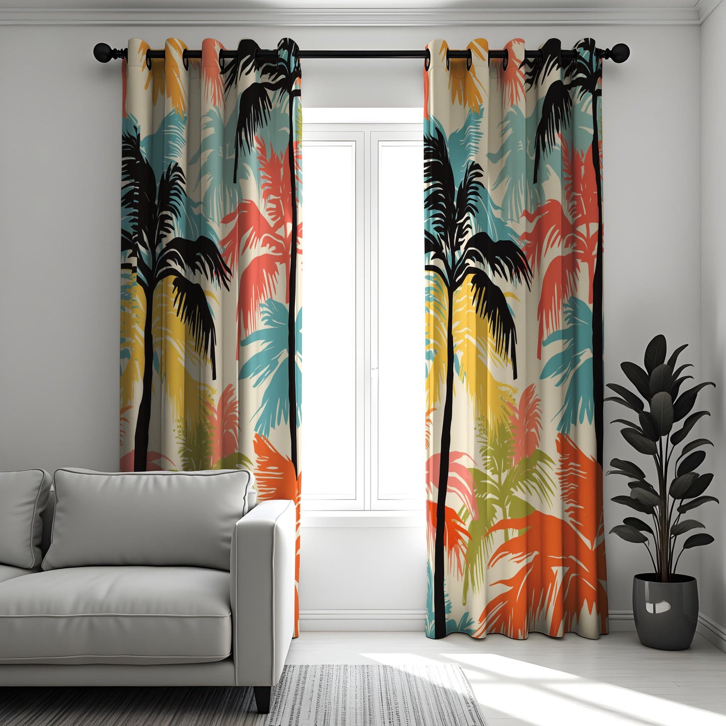Tropical Palm Tree Curtains, Vibrant Beach Vibe Print Drape
