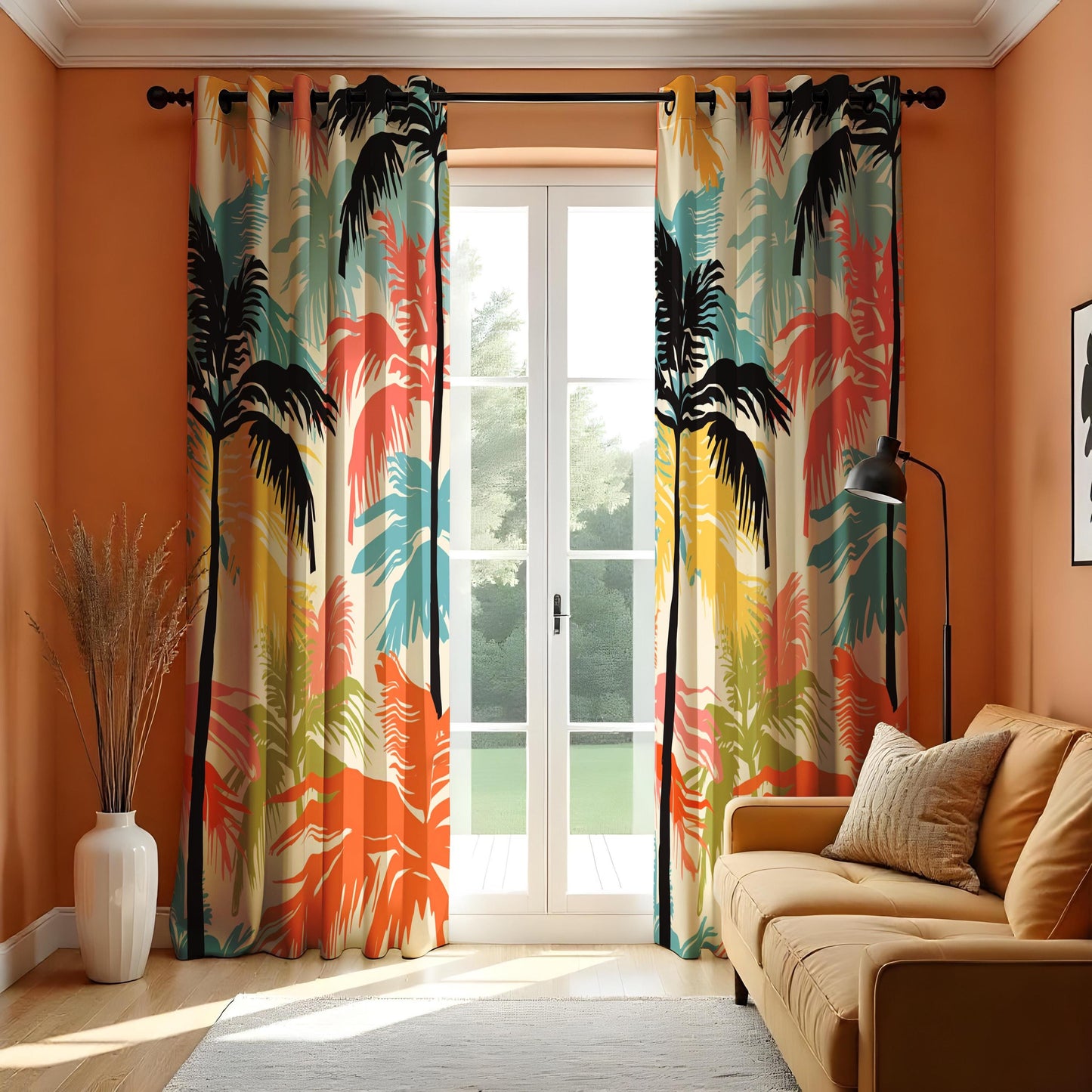 Tropical Palm Tree Curtains, Vibrant Beach Vibe Print Drape
