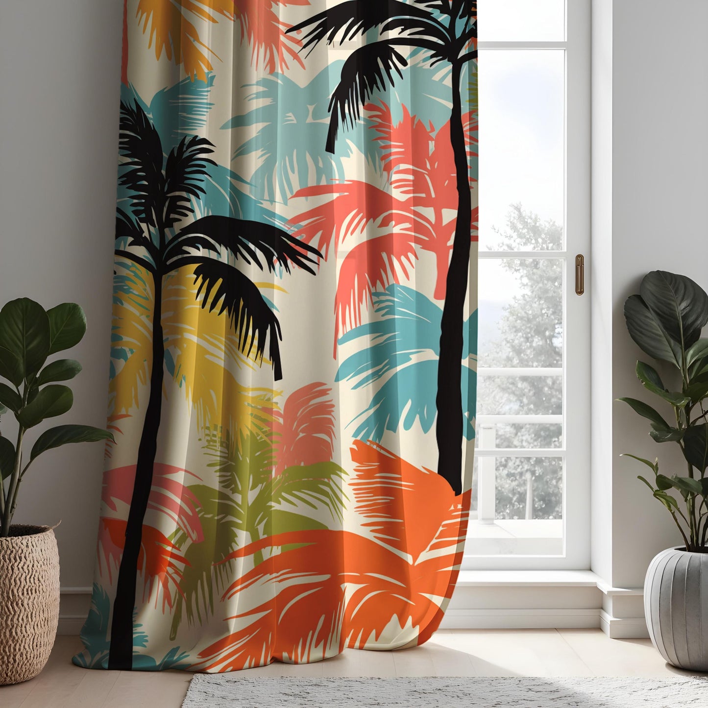 Tropical Palm Tree Curtains, Vibrant Beach Vibe Print Drape