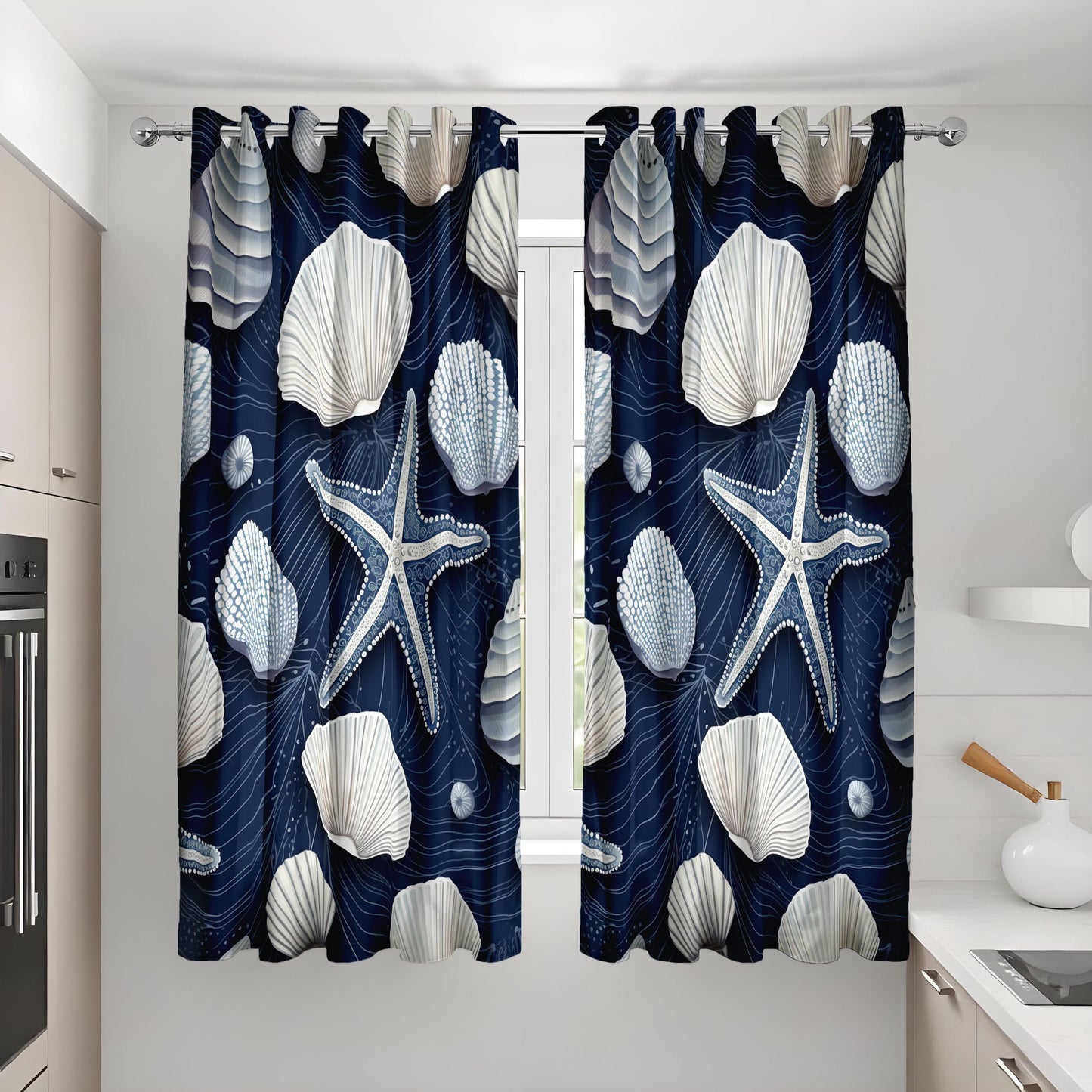 Coastal Shell & Starfish Curtain, Navy Blue Ocean Drapes with Seashell