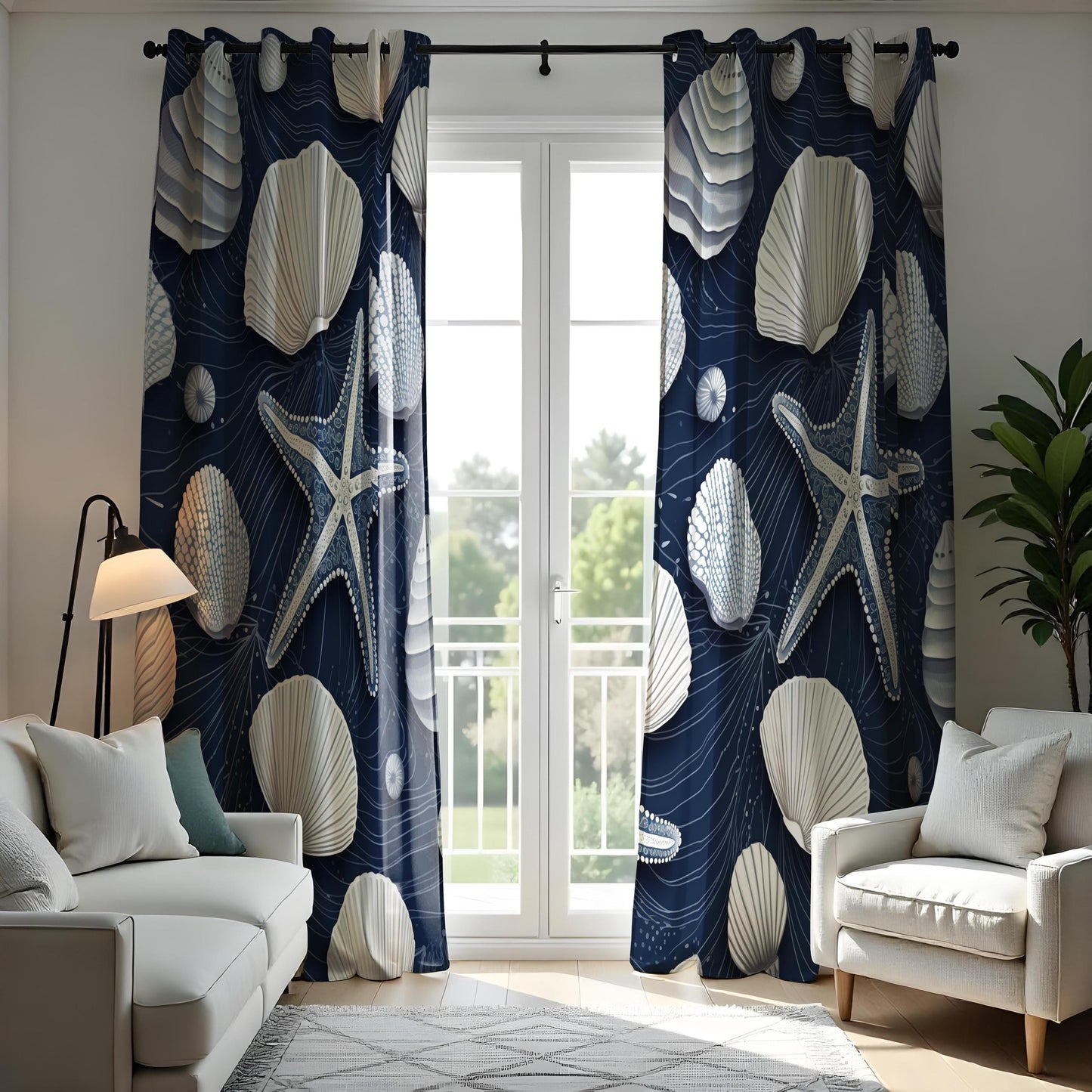 Coastal Shell & Starfish Curtain, Navy Blue Ocean Drapes with Seashell