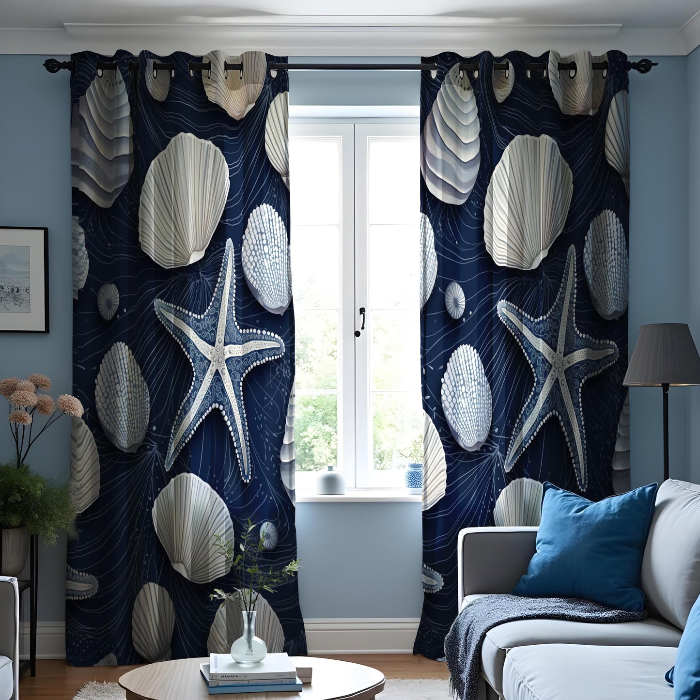 Coastal Shell & Starfish Curtain, Navy Blue Ocean Drapes with Seashell