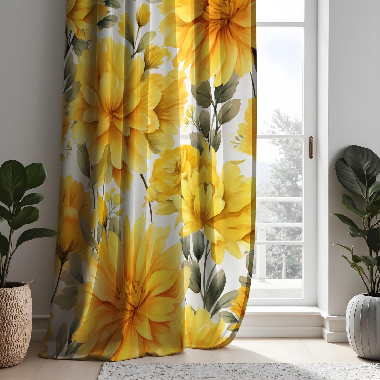Bright Yellow Floral Curtains, Bold Mustard Flower Print Drapes