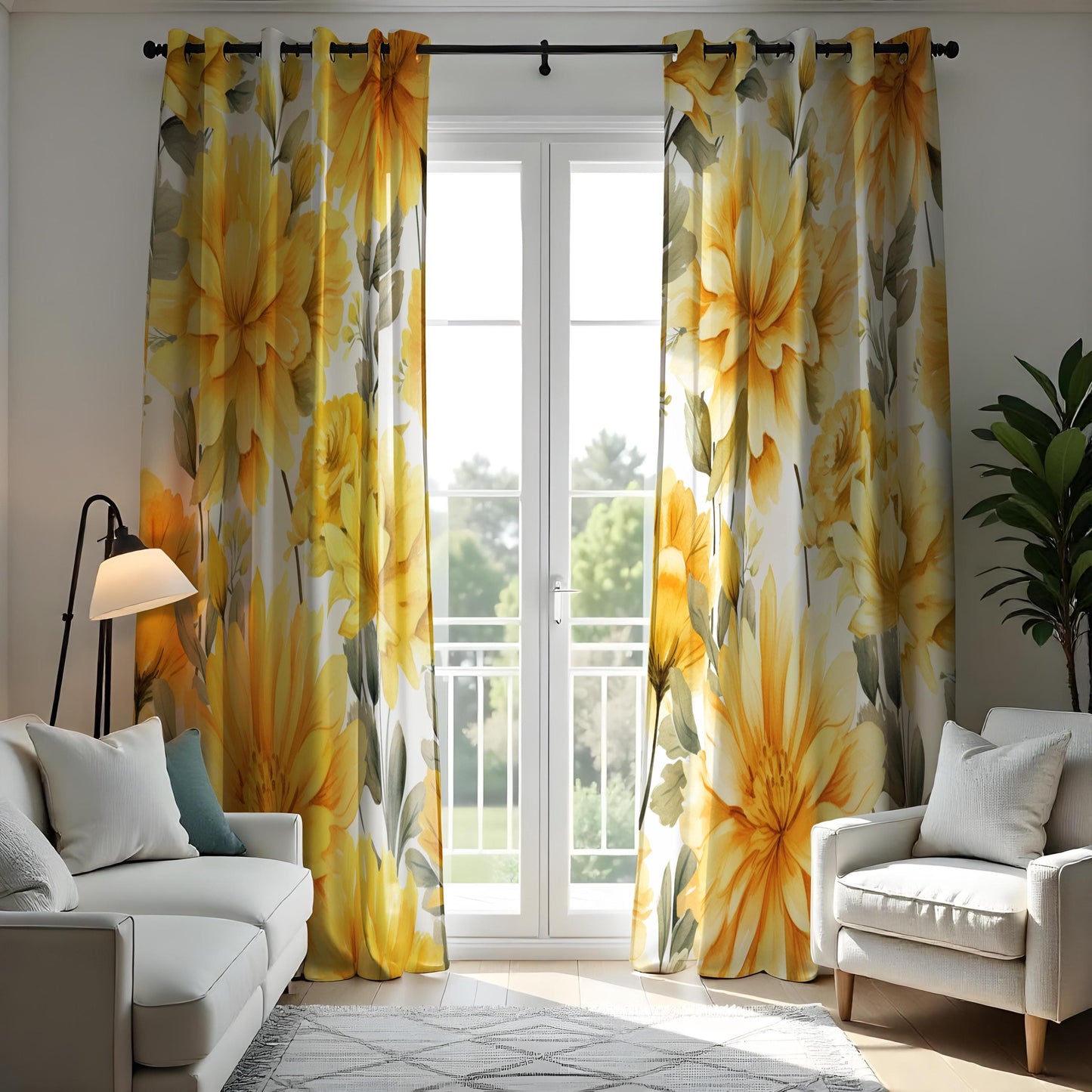 Bright Yellow Floral Curtains, Bold Mustard Flower Print Drapes