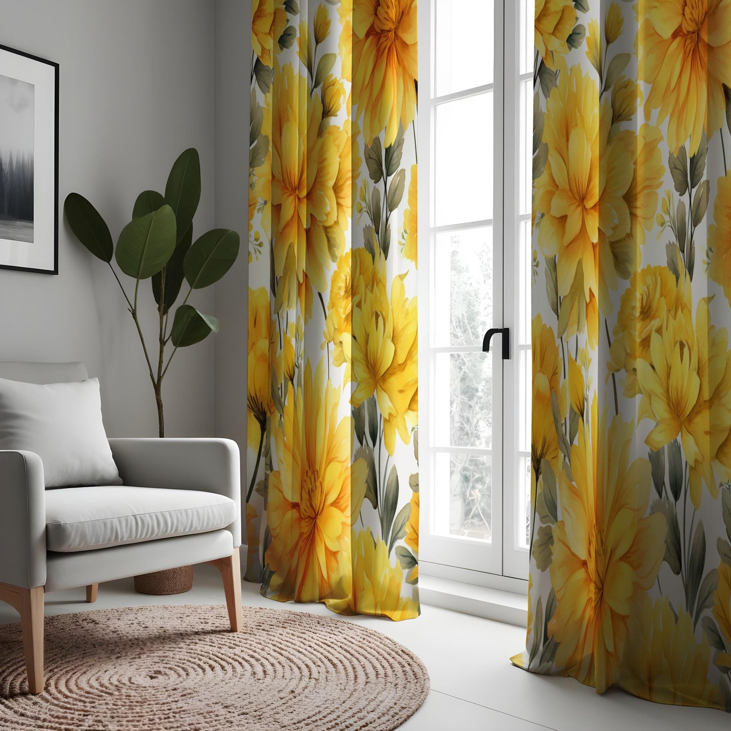 Bright Yellow Floral Curtains, Bold Mustard Flower Print Drapes
