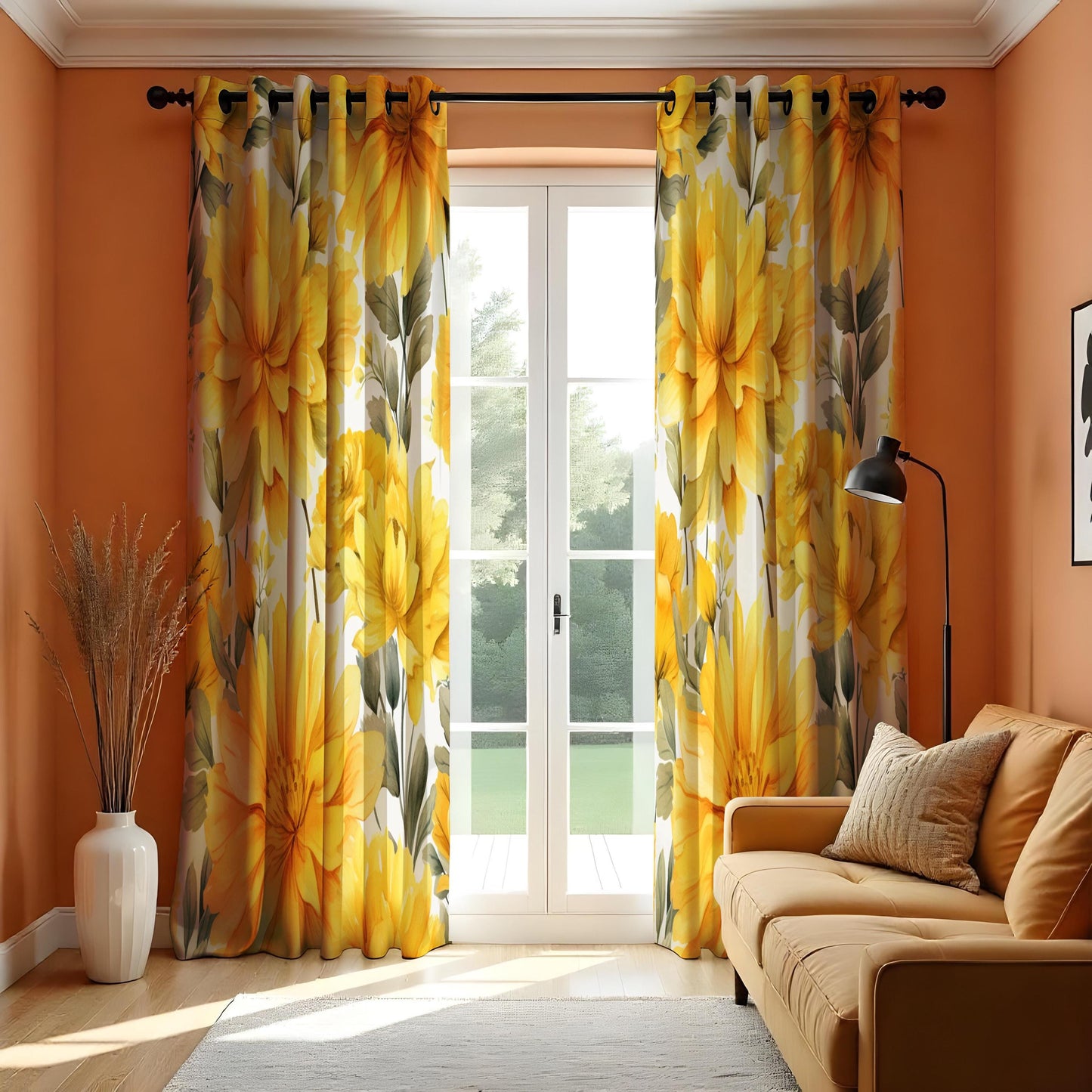 Bright Yellow Floral Curtains, Bold Mustard Flower Print Drapes