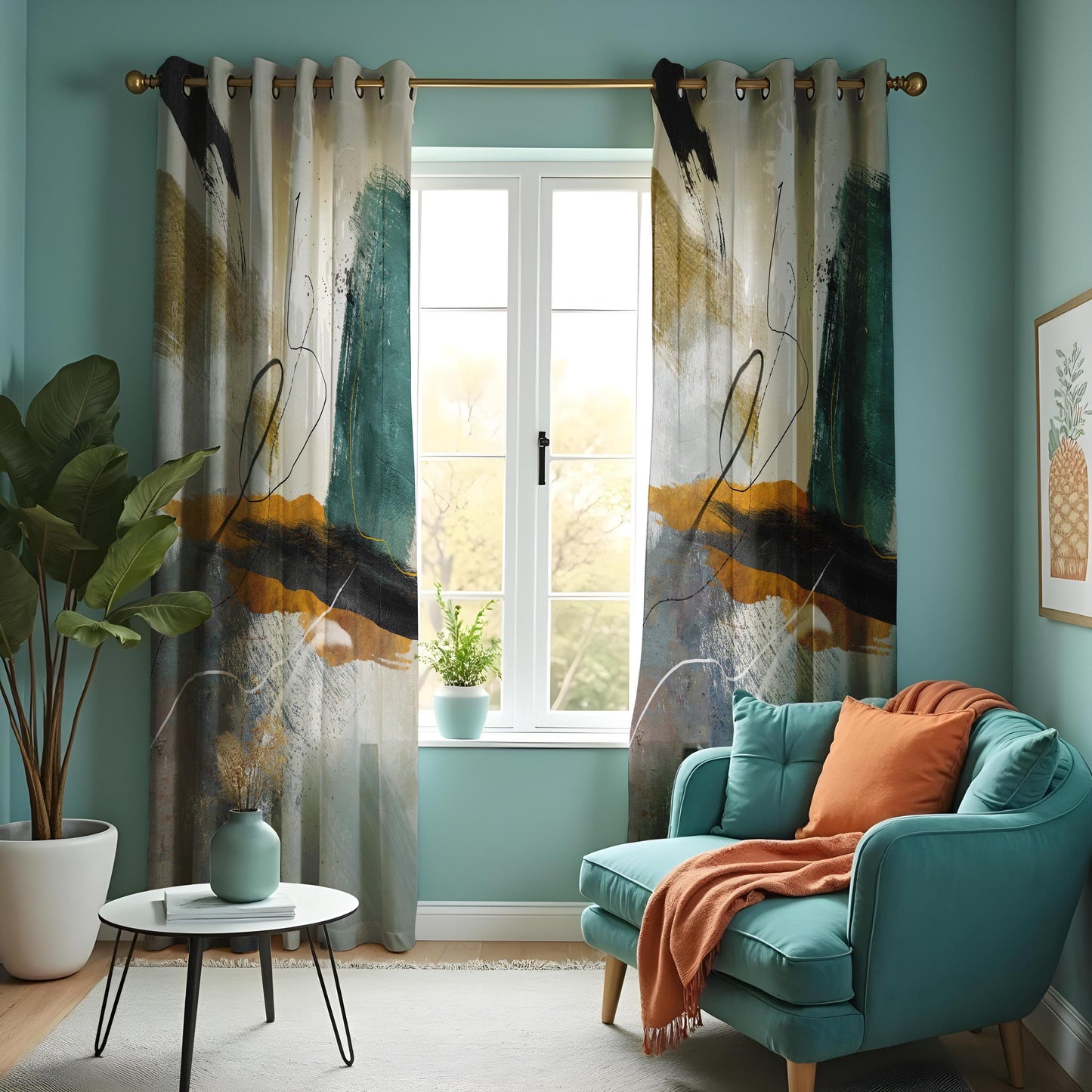 Abstract Art Curtains, Geometric Modern Drapes in Teal and Mustard