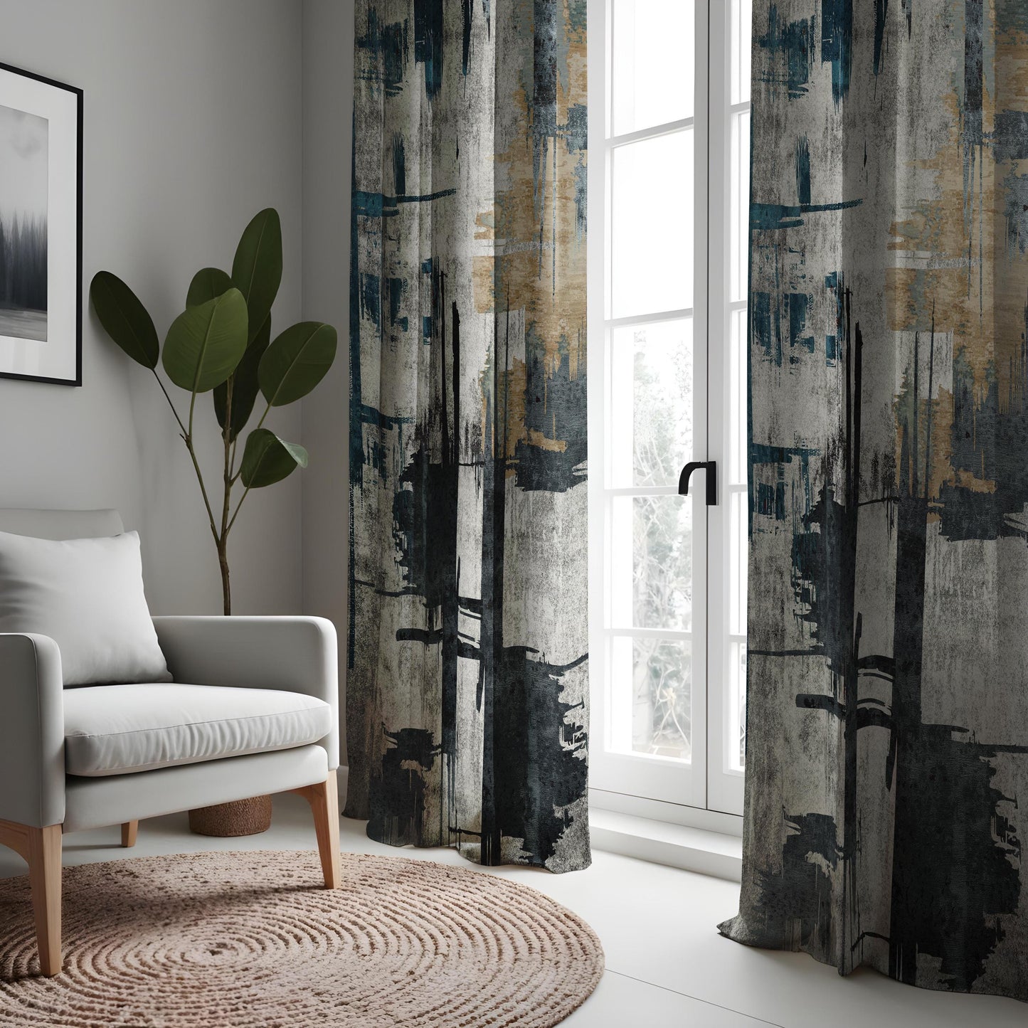 Abstract Art Curtains, Modern Grey & Blue Geometric Drapes