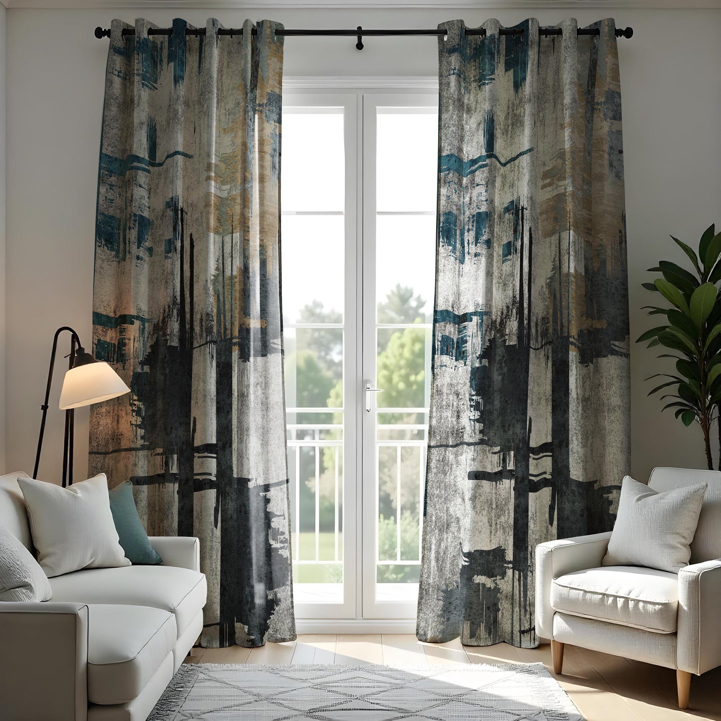 Abstract Art Curtains, Modern Grey & Blue Geometric Drapes