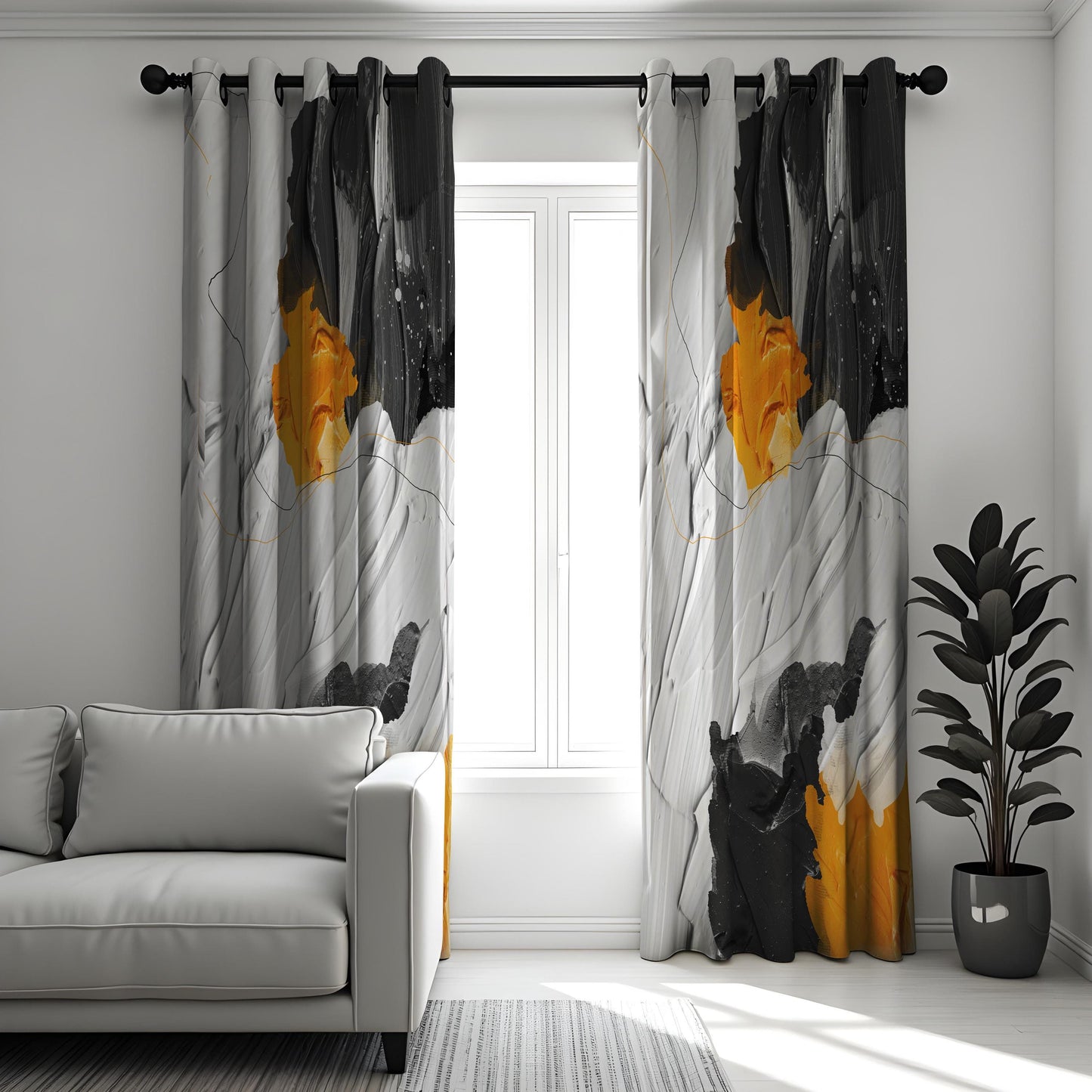 Bold Abstract Art Curtains, Black, Grey & Yellow Painterly Design
