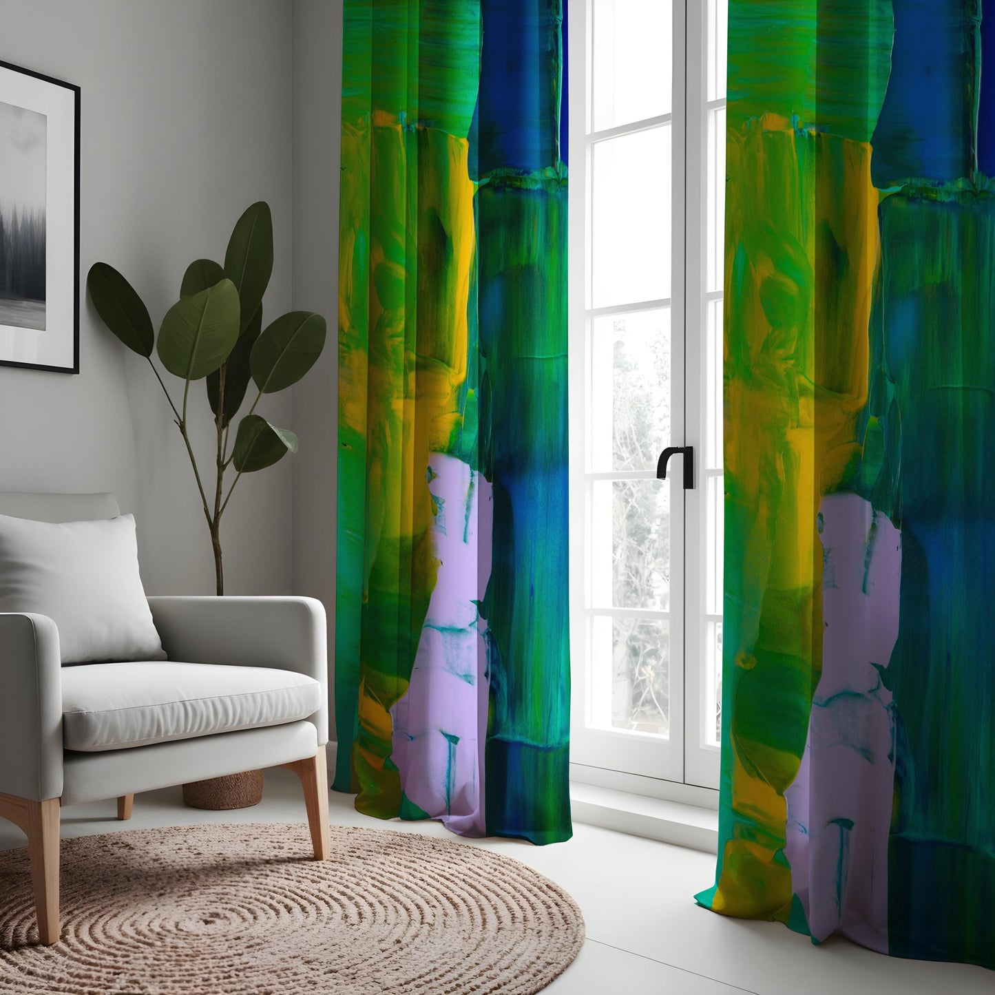 Abstract Green, Yellow & Blue Curtains, Colorful Modern Art Drapes