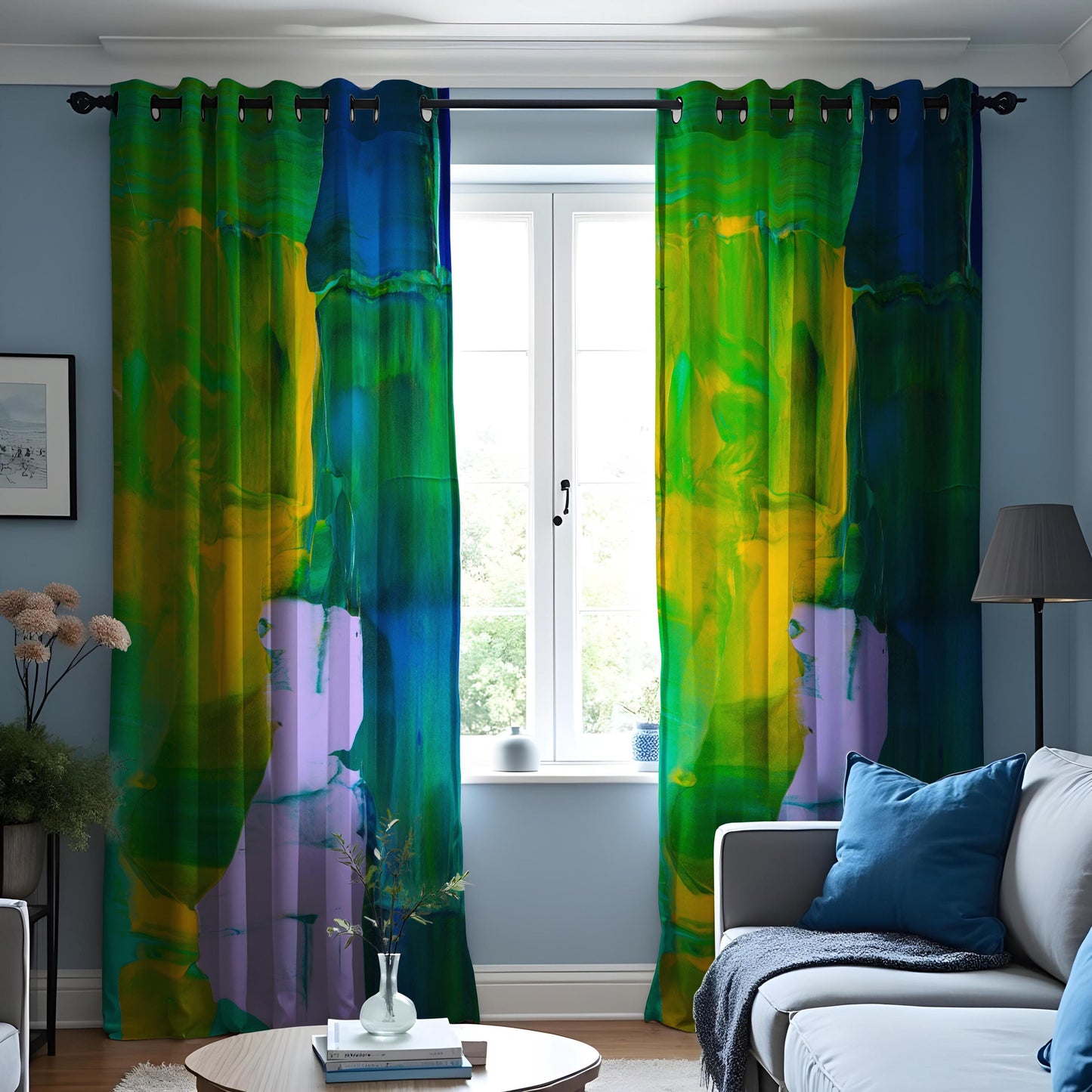 Abstract Green, Yellow & Blue Curtains, Colorful Modern Art Drapes