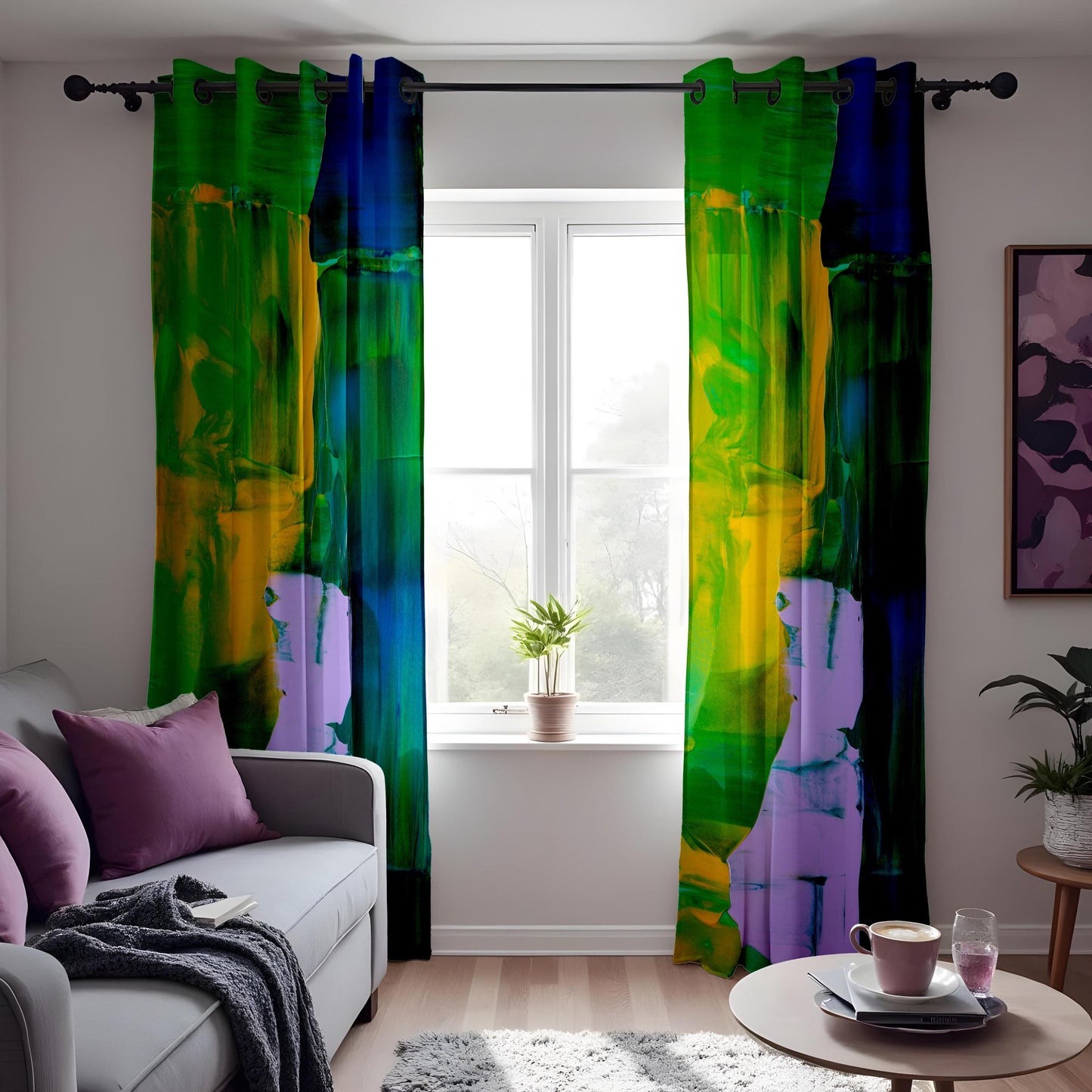 Abstract Green, Yellow & Blue Curtains, Colorful Modern Art Drapes