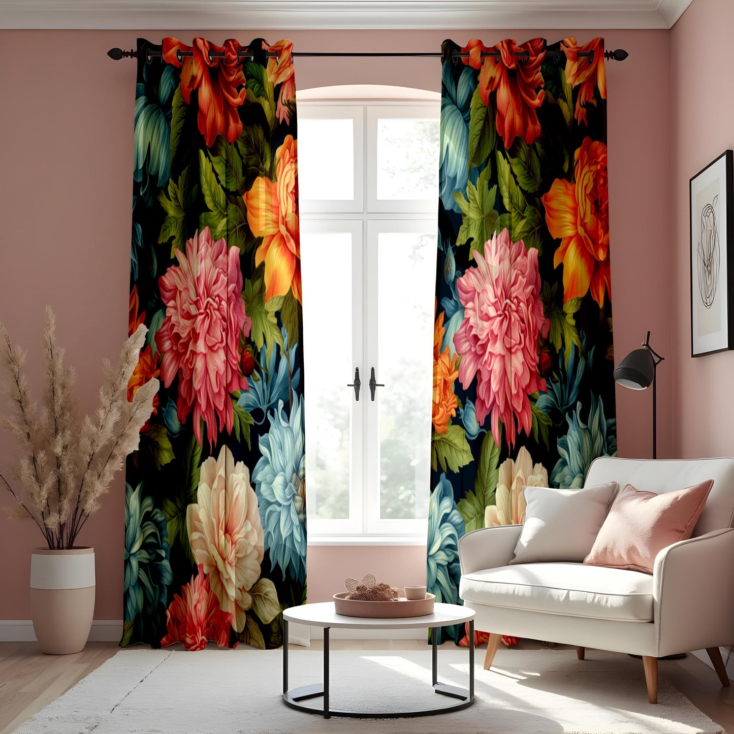 Vibrant Floral Curtains, Large Peony & Rose Drapes, Bold Colors