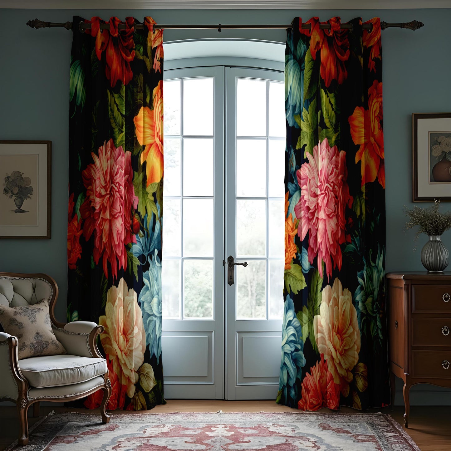 Vibrant Floral Curtains, Large Peony & Rose Drapes, Bold Colors