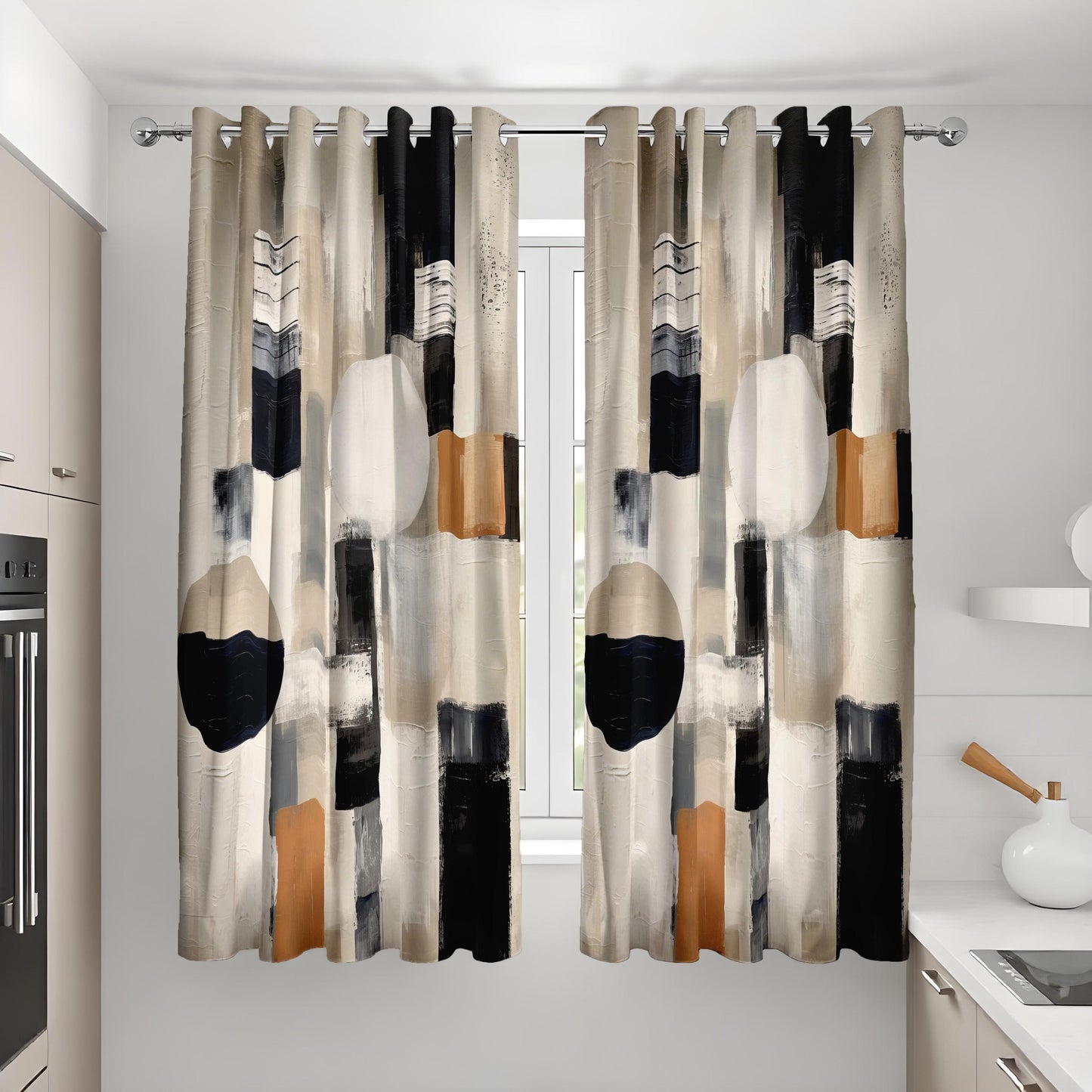Modern Abstract Curtains, Bold Geometric Shape Drapes, Black & Beige
