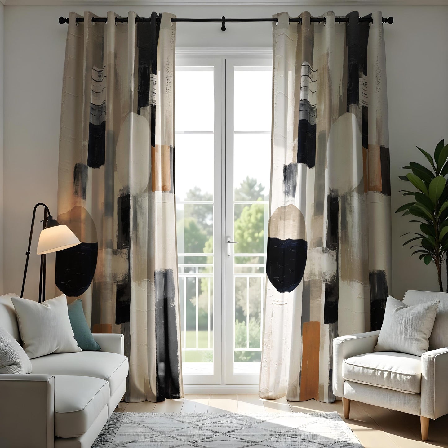 Modern Abstract Curtains, Bold Geometric Shape Drapes, Black & Beige