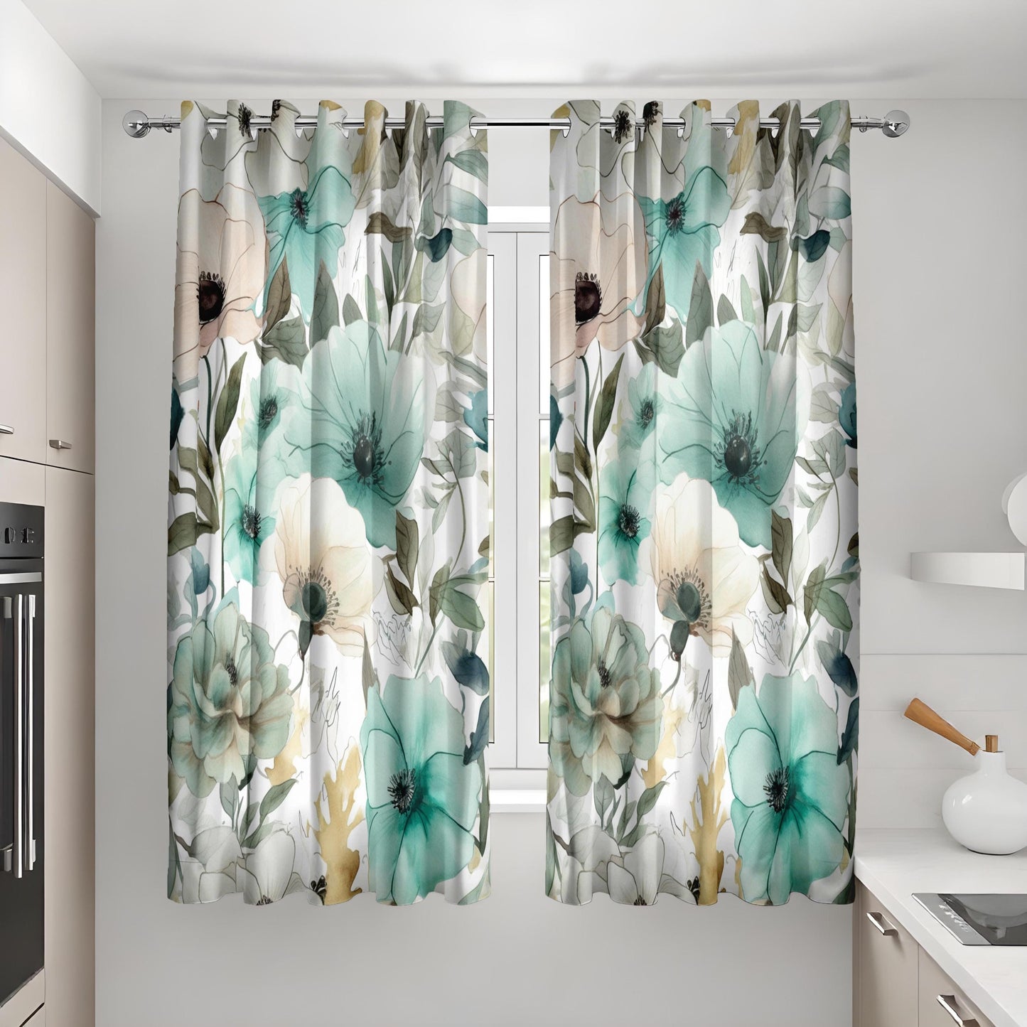 Floral Green and Teal Curtains, Botanical Soft Pastel Window Drapes