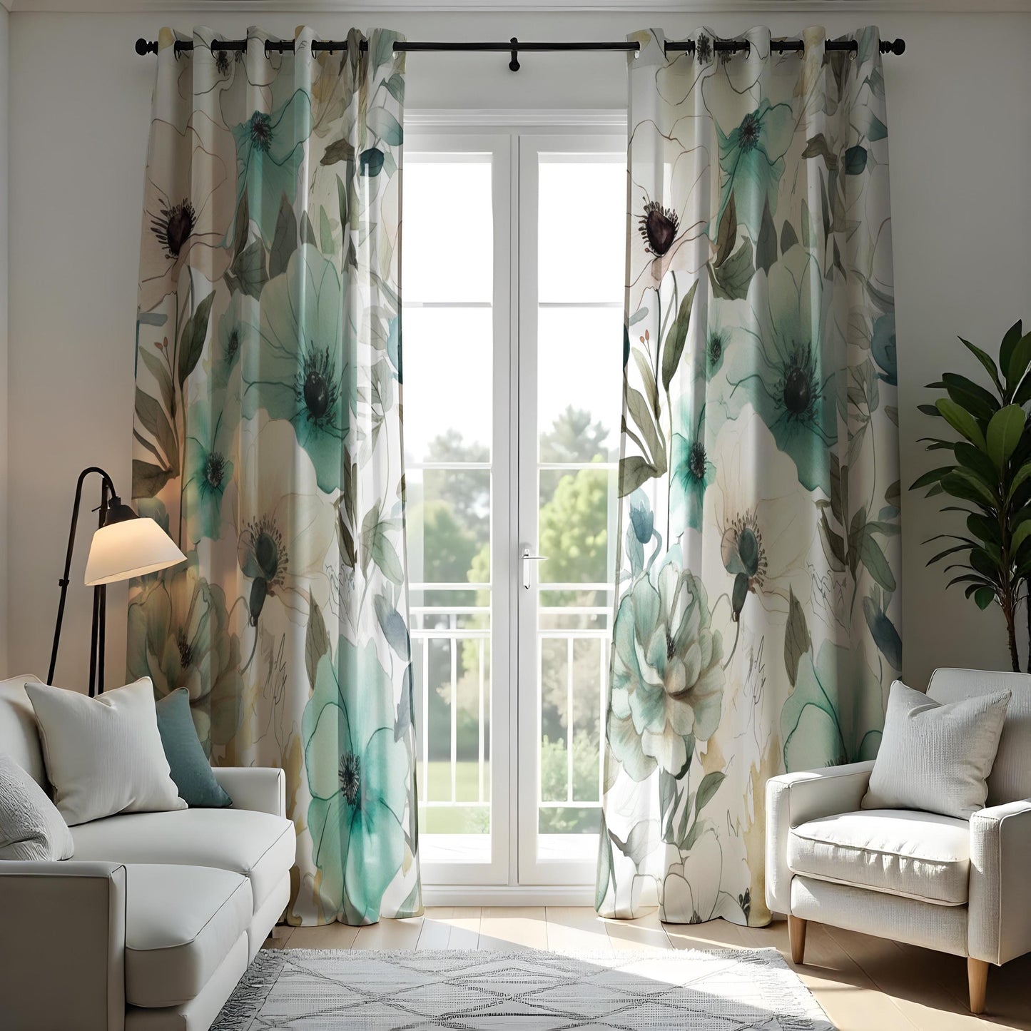 Floral Green and Teal Curtains, Botanical Soft Pastel Window Drapes
