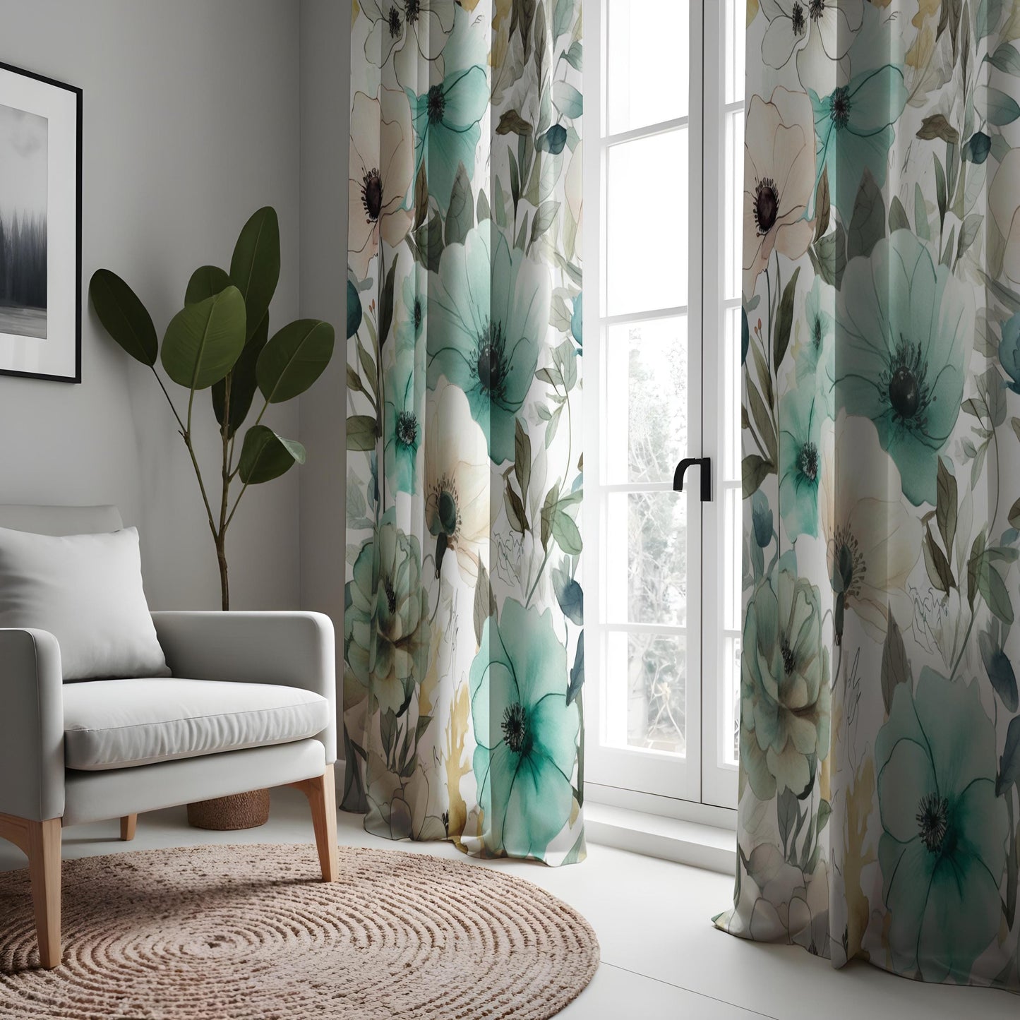 Floral Green and Teal Curtains, Botanical Soft Pastel Window Drapes
