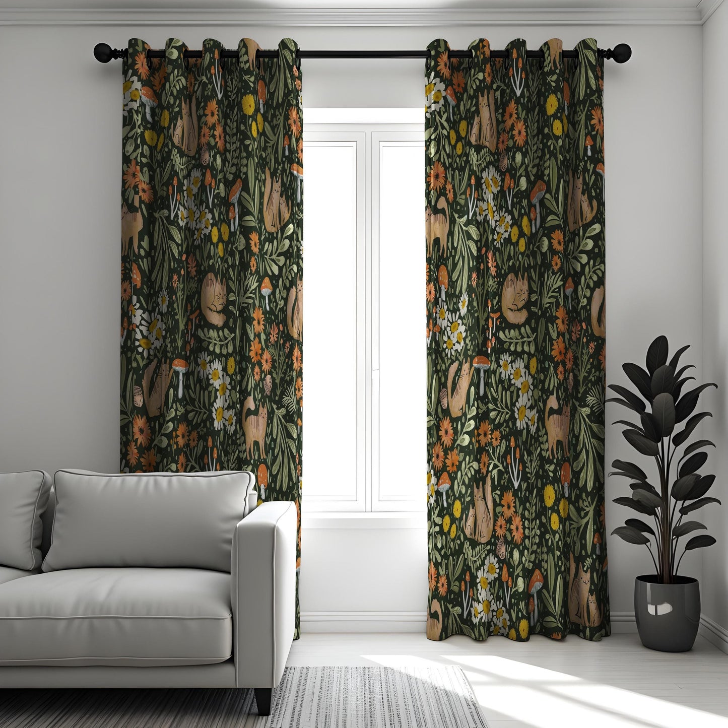 Floral & Fox Print Curtain, Botanical Pattern Window Treatment