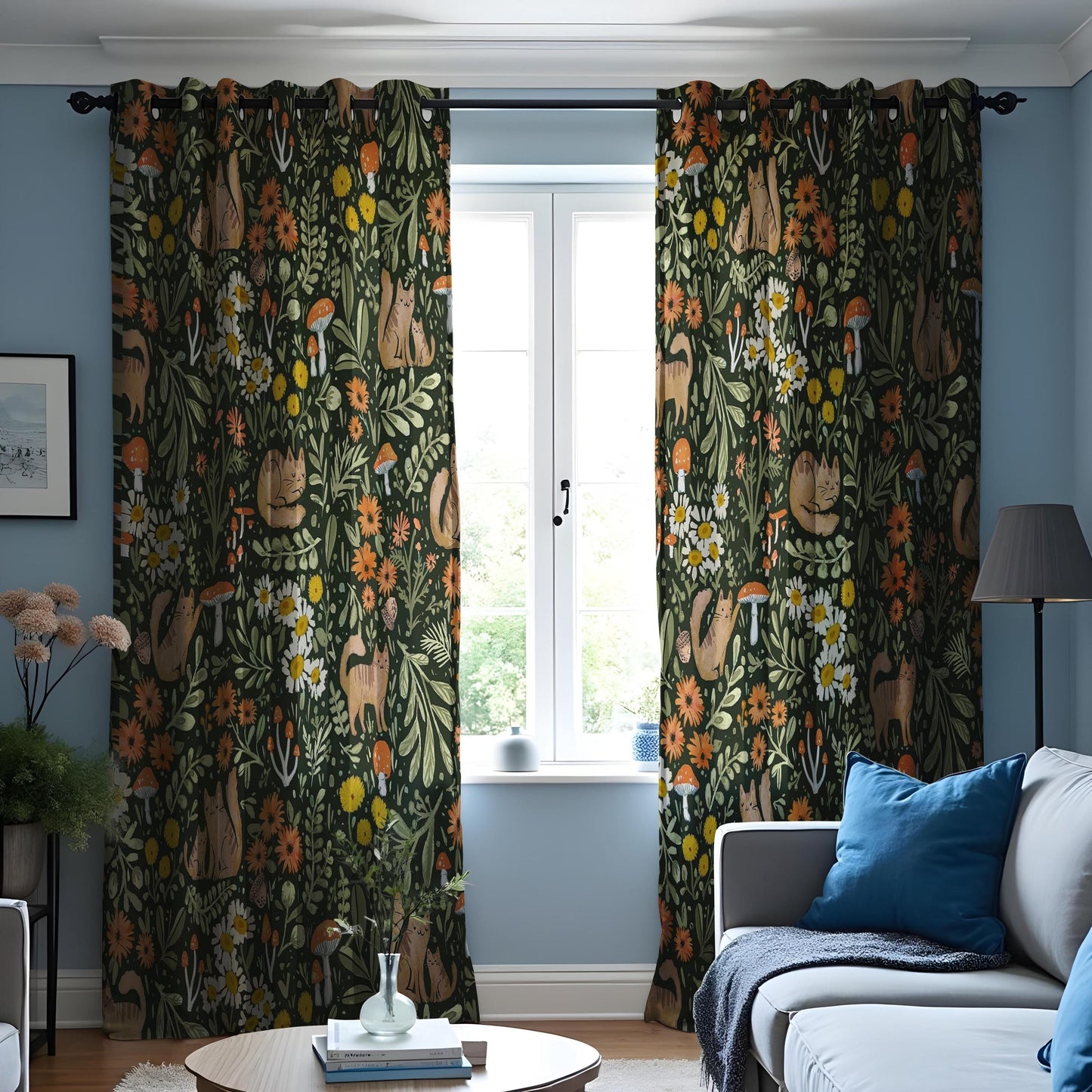 Floral & Fox Print Curtain, Botanical Pattern Window Treatment
