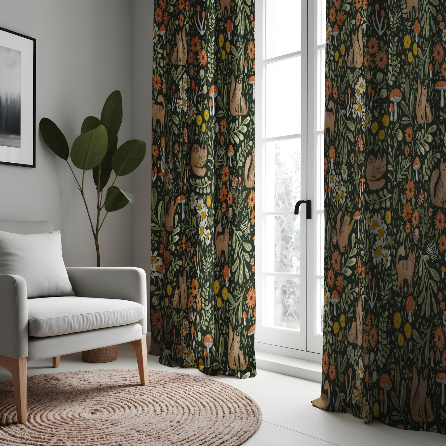 Floral & Fox Print Curtain, Botanical Pattern Window Treatment