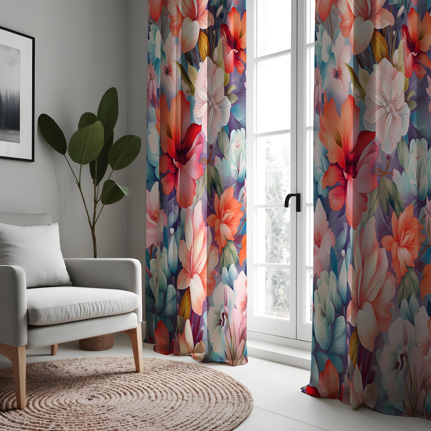 Vibrant Floral Curtains, Multicolored Large Blossom Drapes