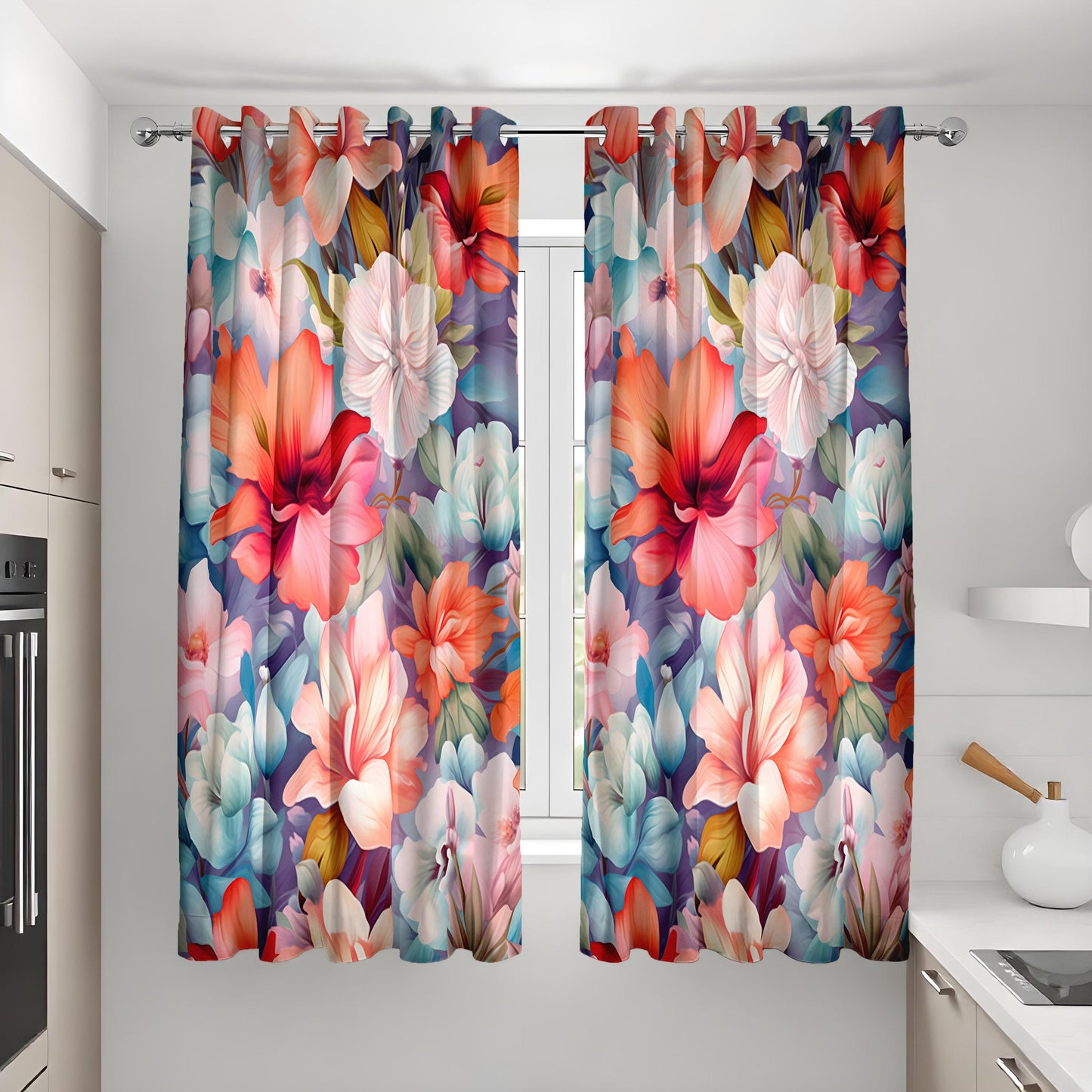 Vibrant Floral Curtains, Multicolored Large Blossom Drapes